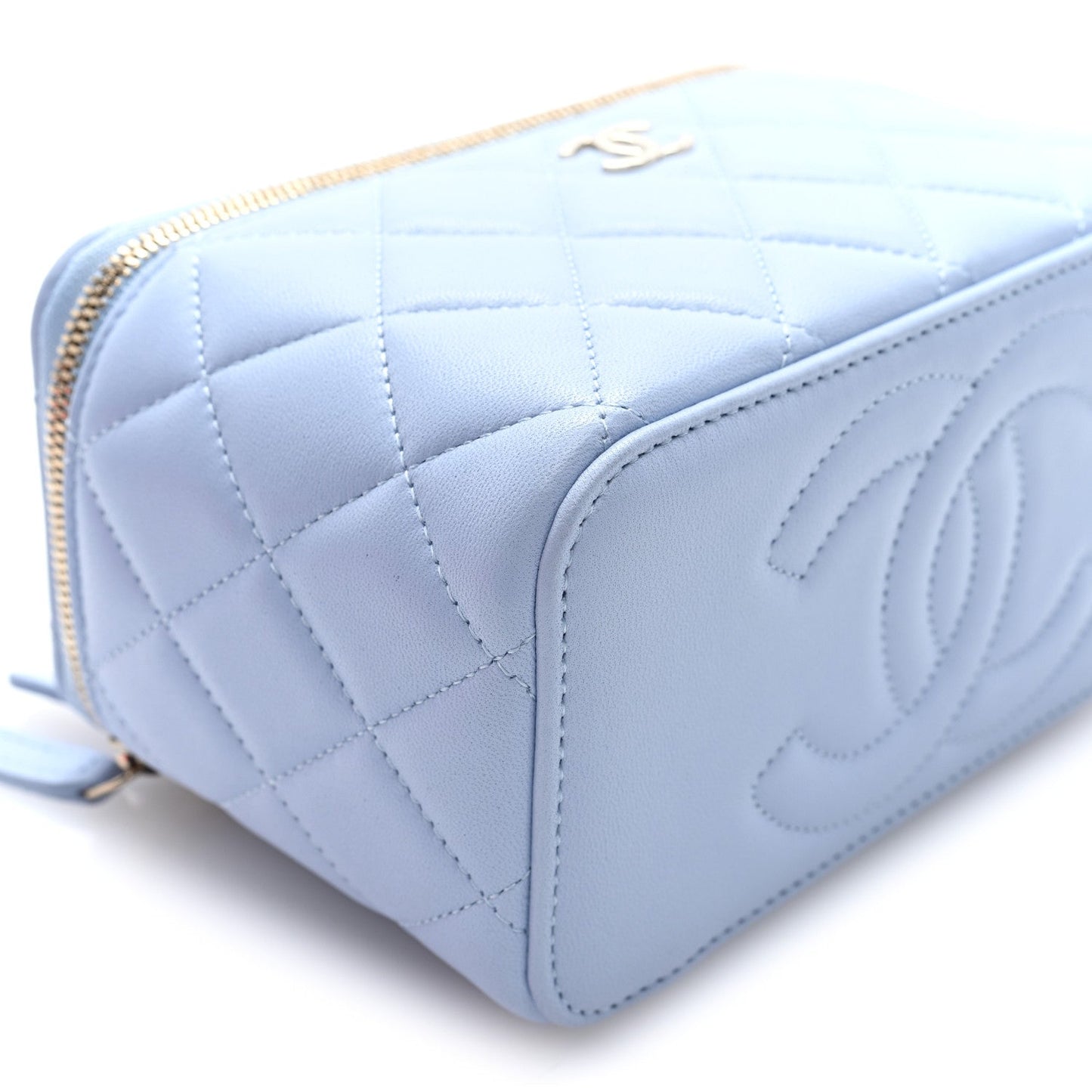 Lambskin Quilted Small Top Handle Vanity Case With Chain Light Blue
