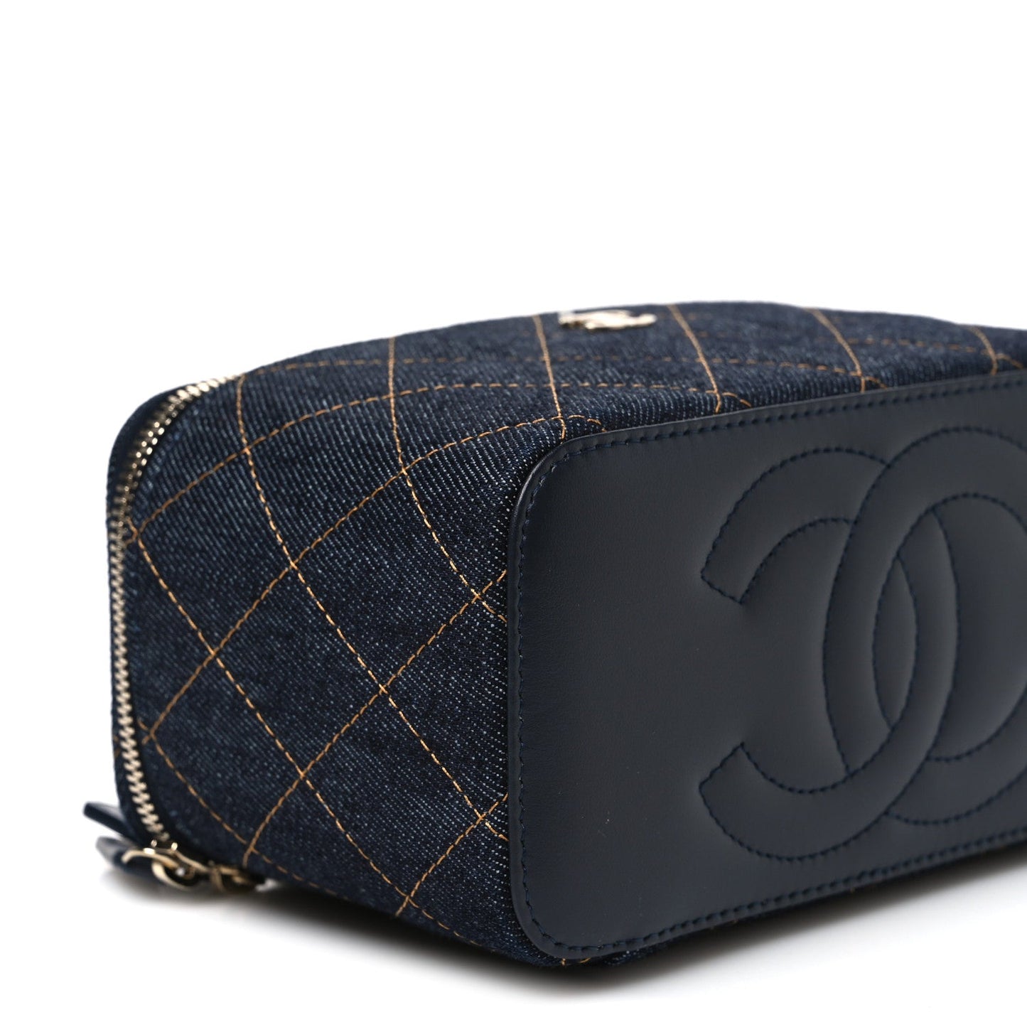 Denim Quilted Small Vanity Case With Chain Dark Blue Orange