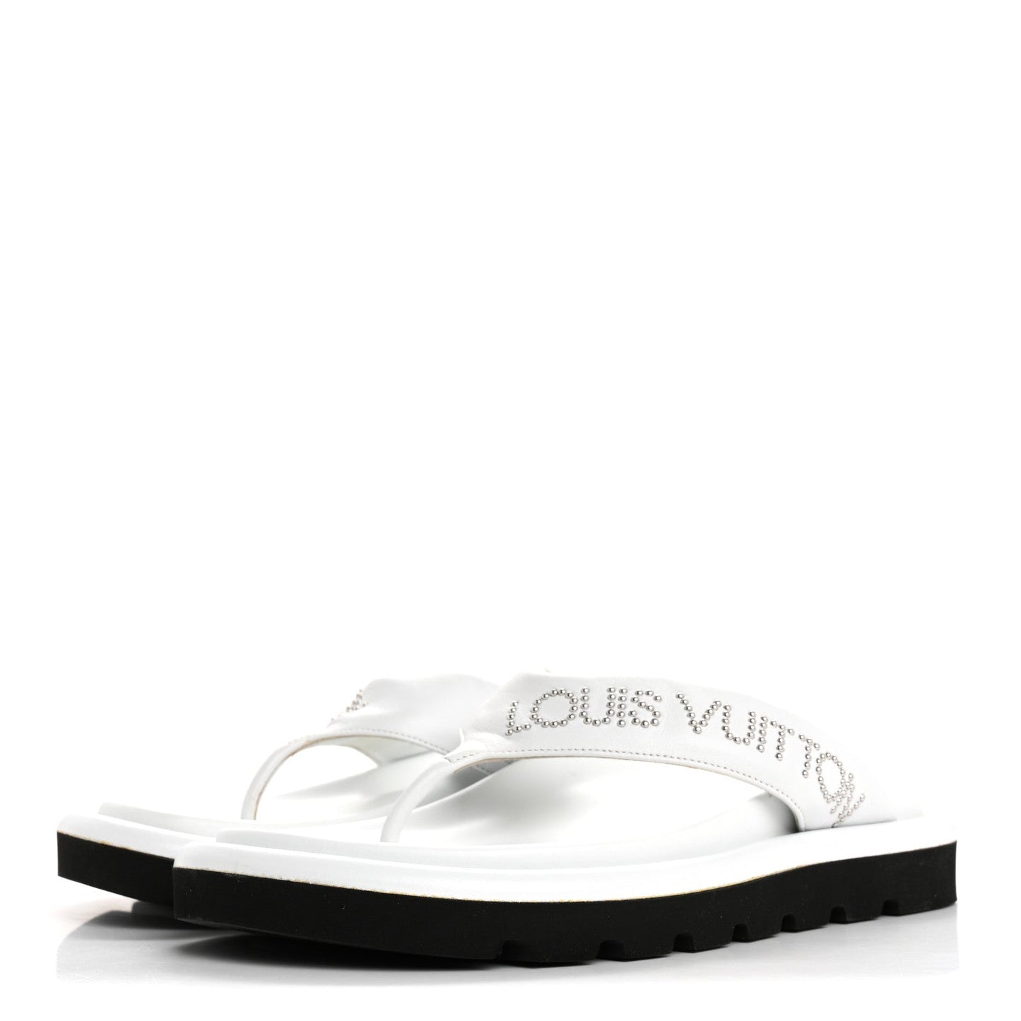 Calfskin Logo Studded Pillow Flat Thong Sandals 35 White