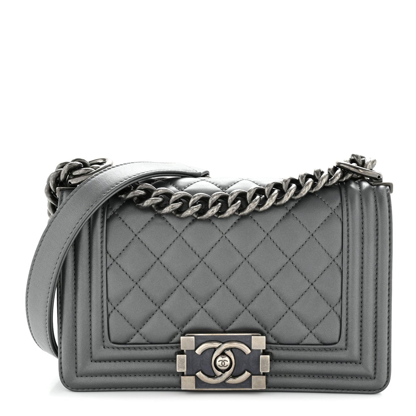 Metallic Calfskin Quilted Small Boy Flap Dark Silver