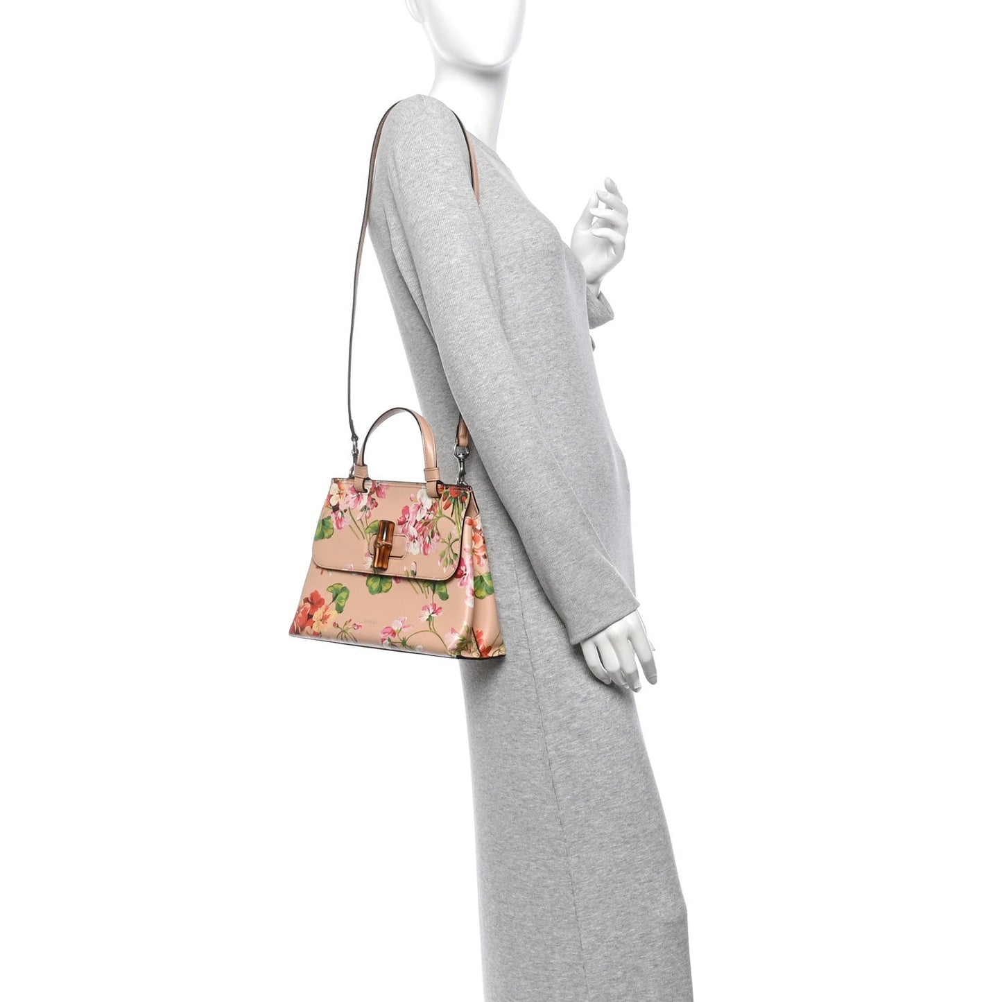 Shangai Calfskin Blooms Print Small Bamboo Daily Top Handle Bag Pink Apricot Multicolor