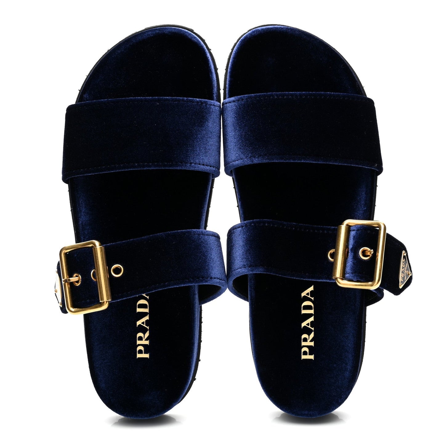 Velvet Metal Triangle Logo Womens Double Buckle 20mm Slide Sandals 39 Bleu
