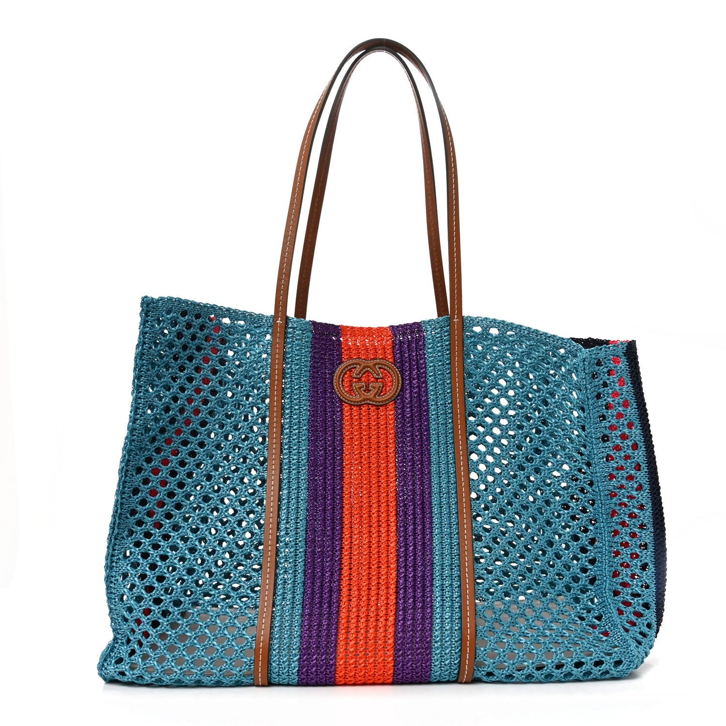 Raffia Web Woven Interlocking G Tote Blue Multicolor