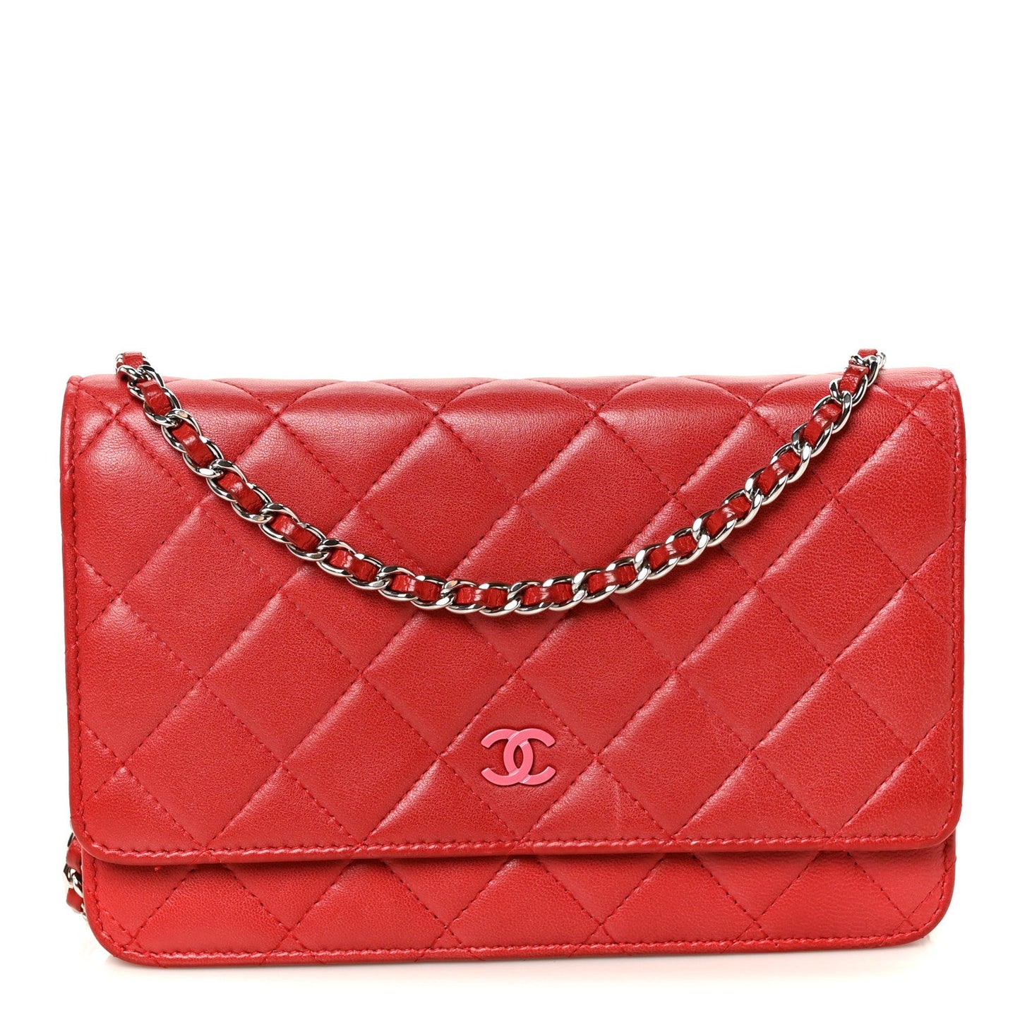 Lambskin Quilted Wallet On Chain WOC Red Pink