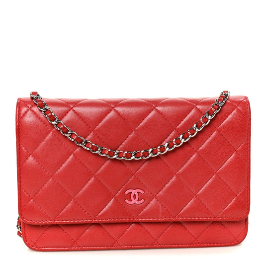 Lambskin Quilted Wallet On Chain WOC Red Pink