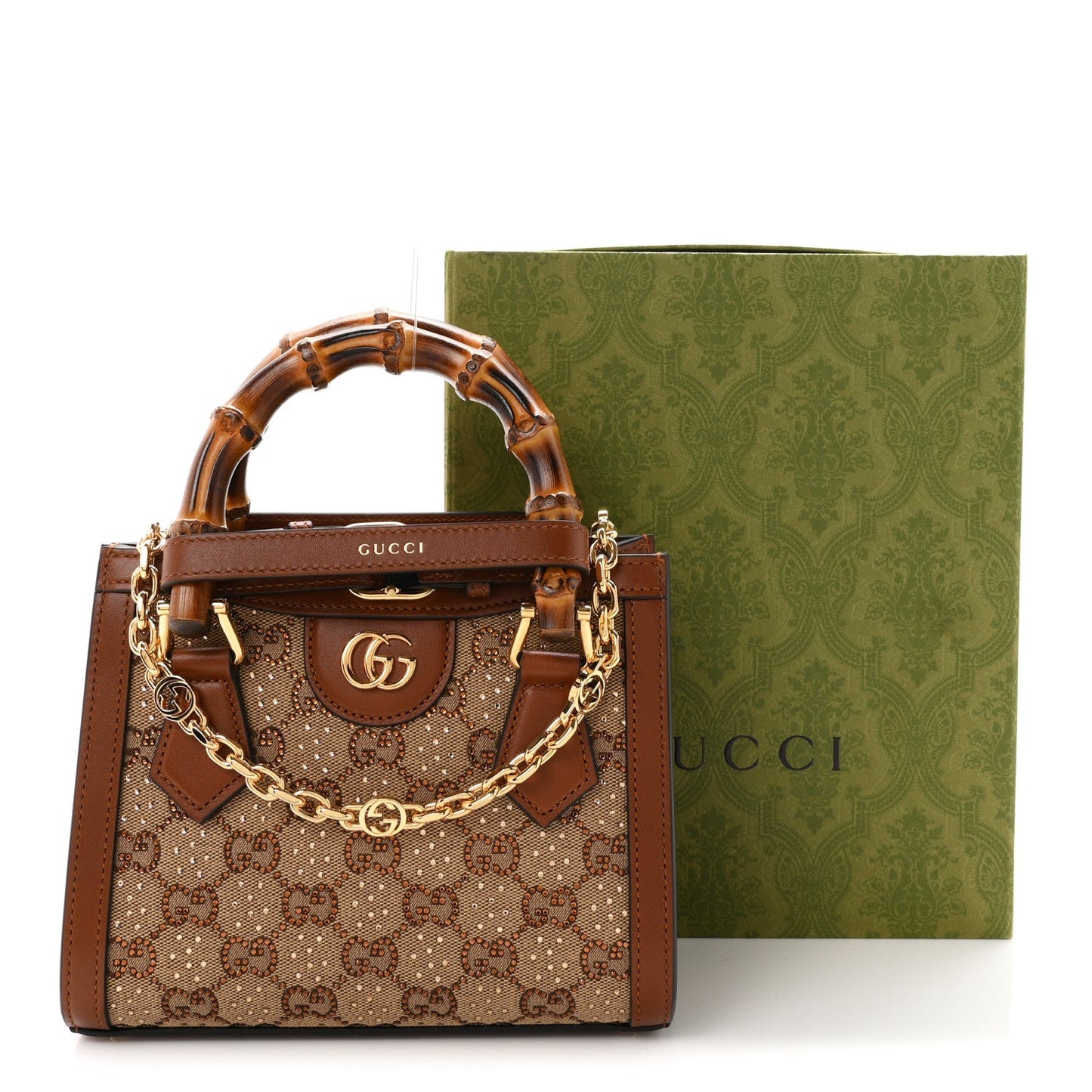 New Canvas Charisma Calfskin Crystal GG Monogram Mini Diana Tote Bag Camel Ebony