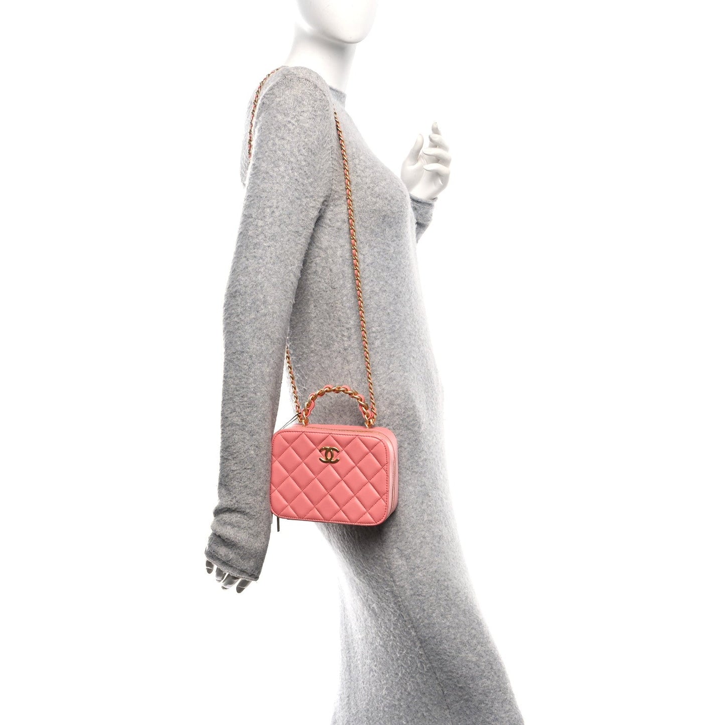 Lambskin Quilted Top Handle Small Vanity Case Pink