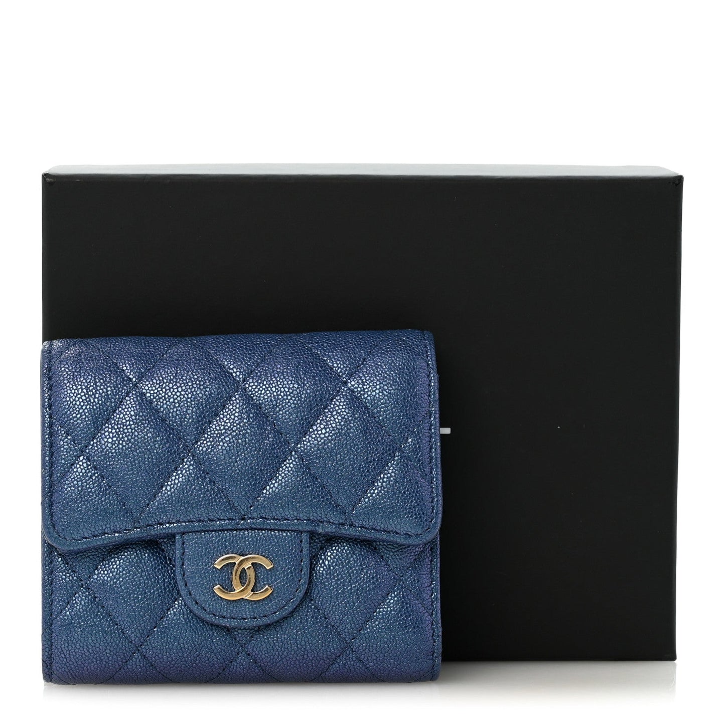 Iridescent Caviar Flap Quilted Card Holder Wallet Dark Blue