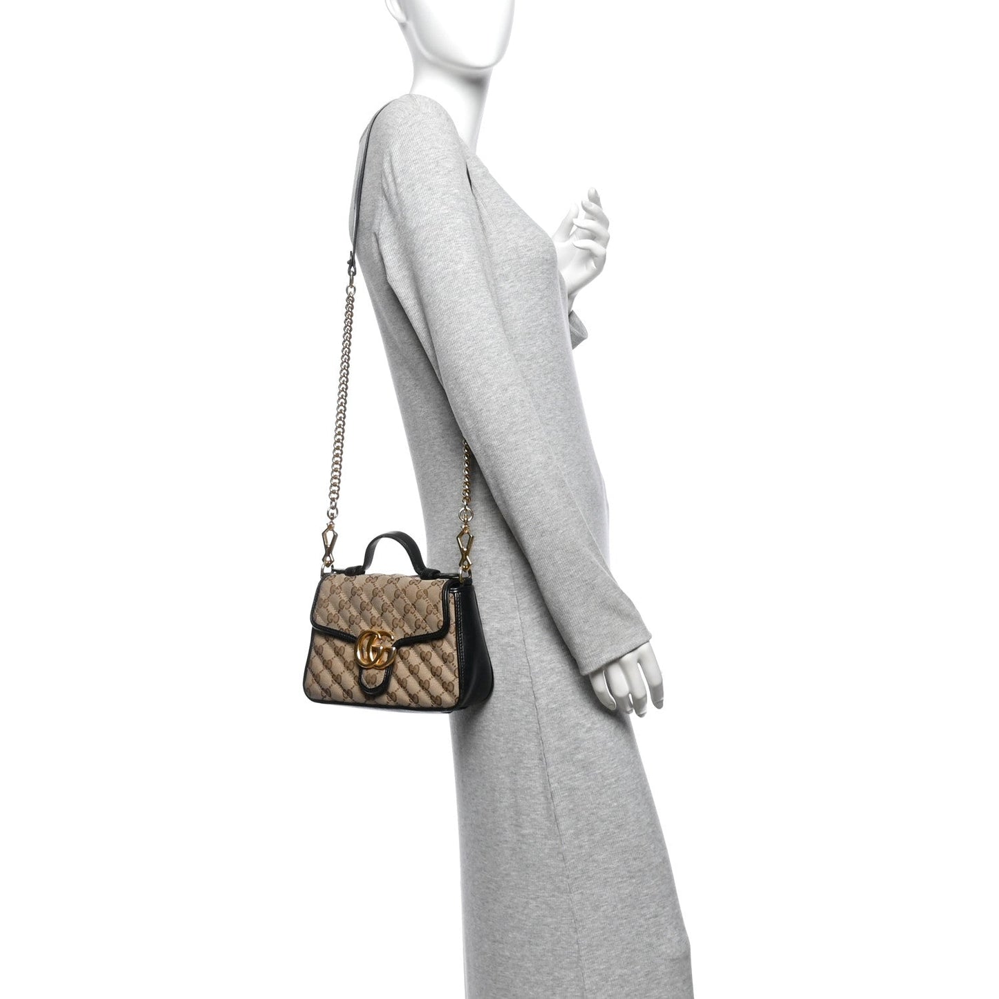 Monogram Azalea Calfskin Matelasse Diagonal Mini GG Marmont Top Handle Shoulder Bag Beige Ebony Black