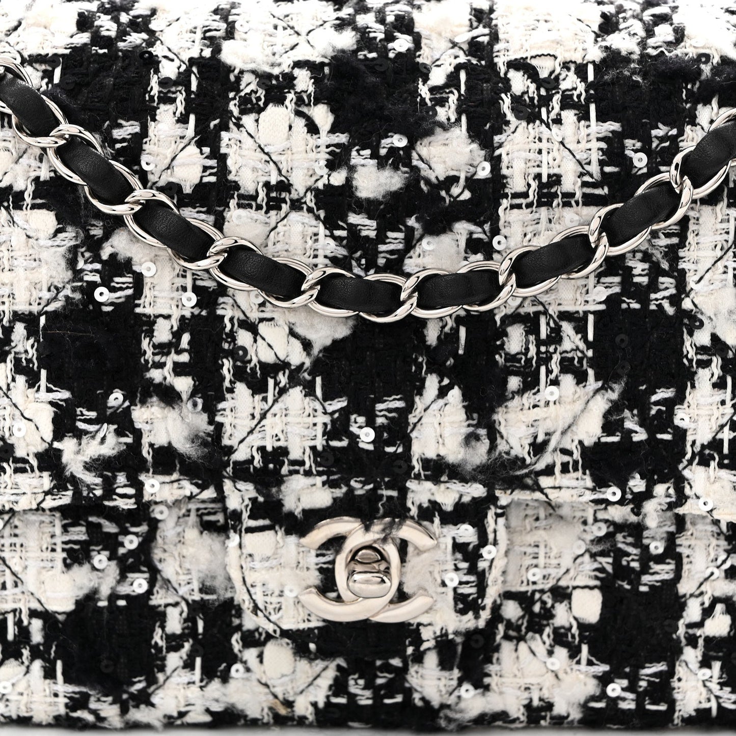 Tweed Sequin Quilted Medium Double Flap Black White