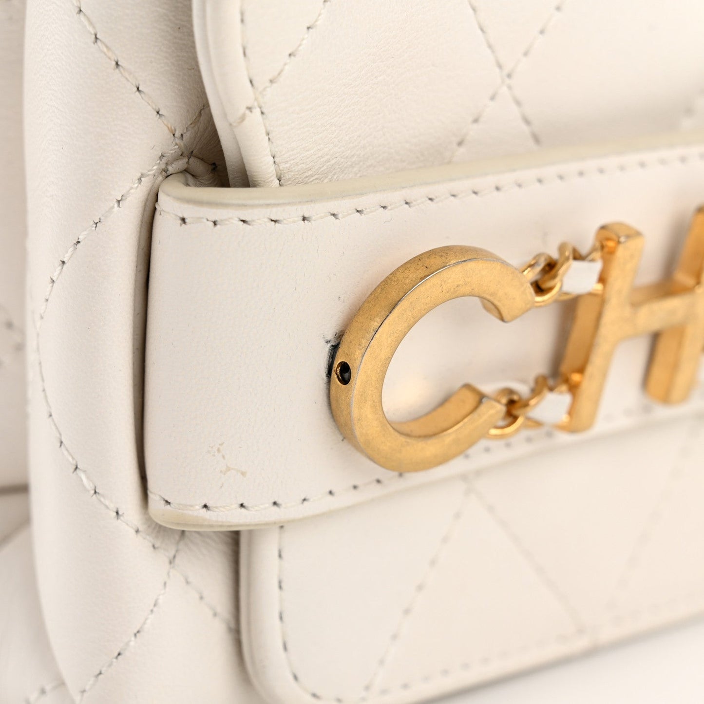 Calfskin Quilted Small Enchained Flap White