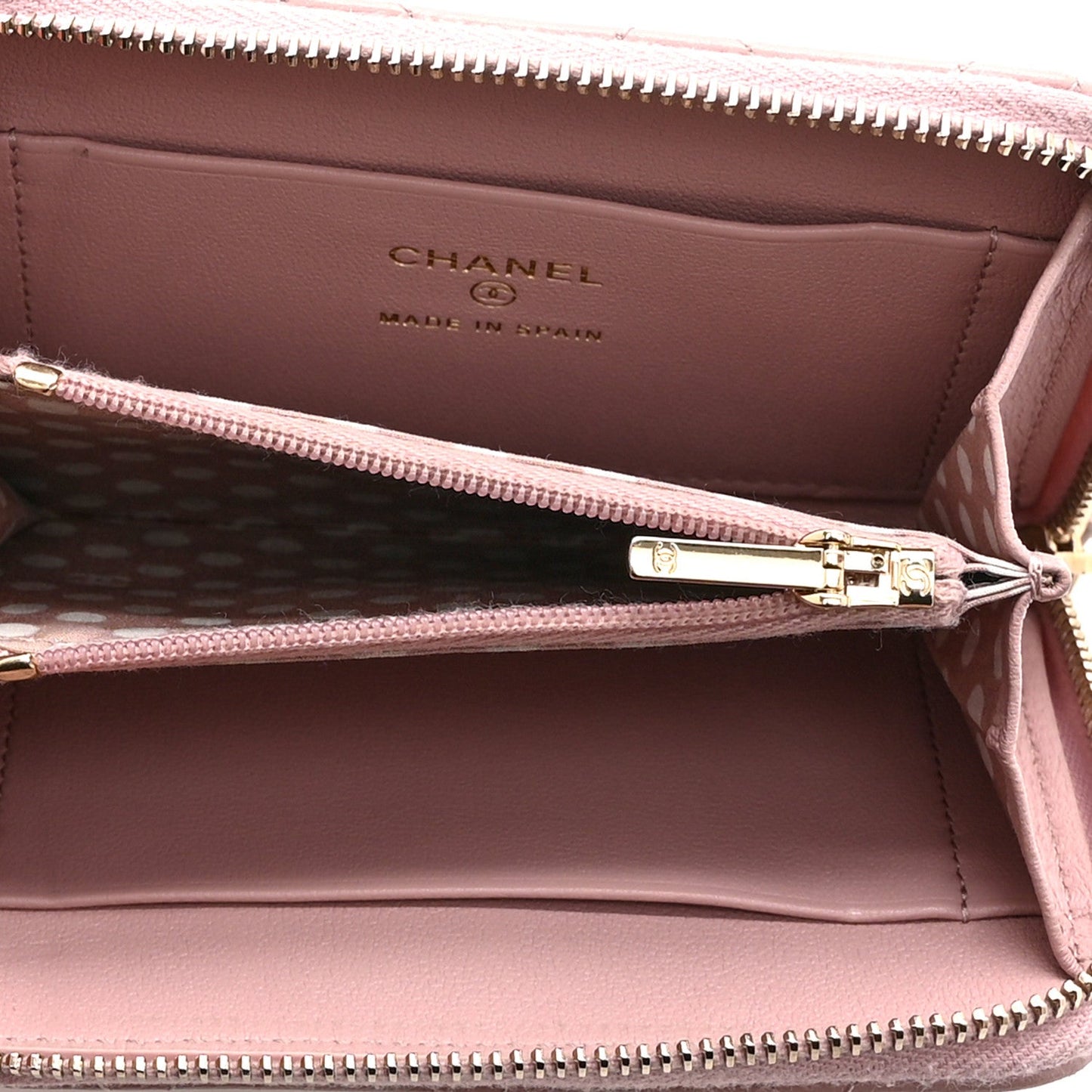 Lambskin Quilted Pearl CC Zip Around Coin Purse Wallet Pink