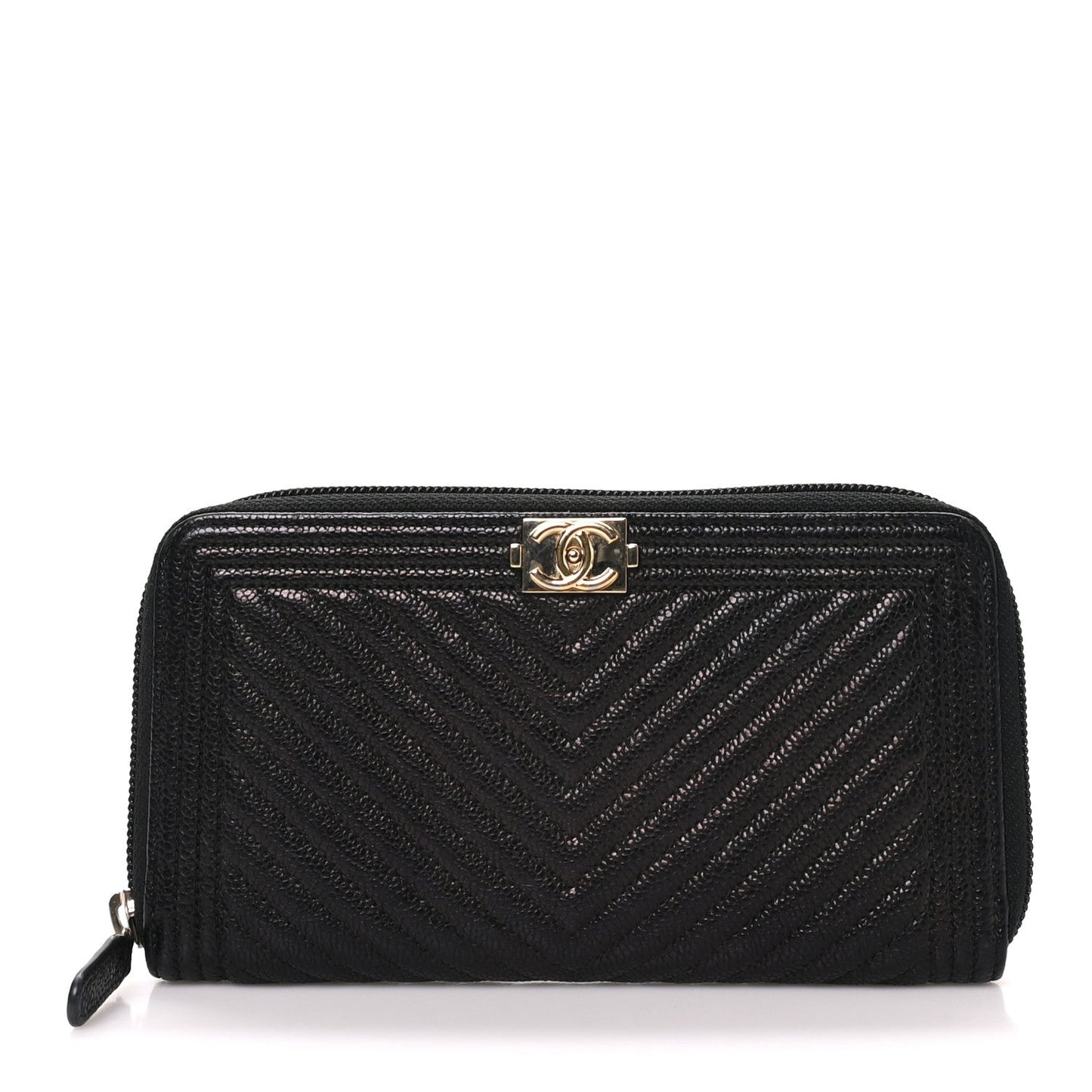 Caviar Chevron Quilted Zip Around Boy Wallet Black