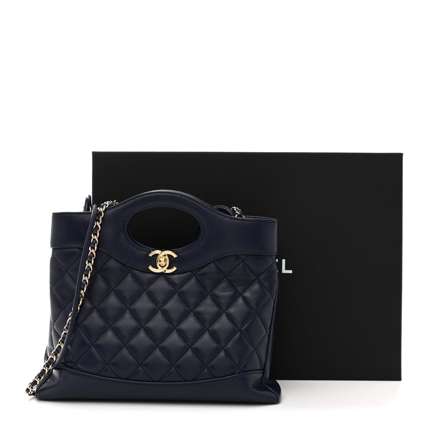 Shiny Crumpled Calfskin Quilted Mini 31 Shopping Bag Navy Blue