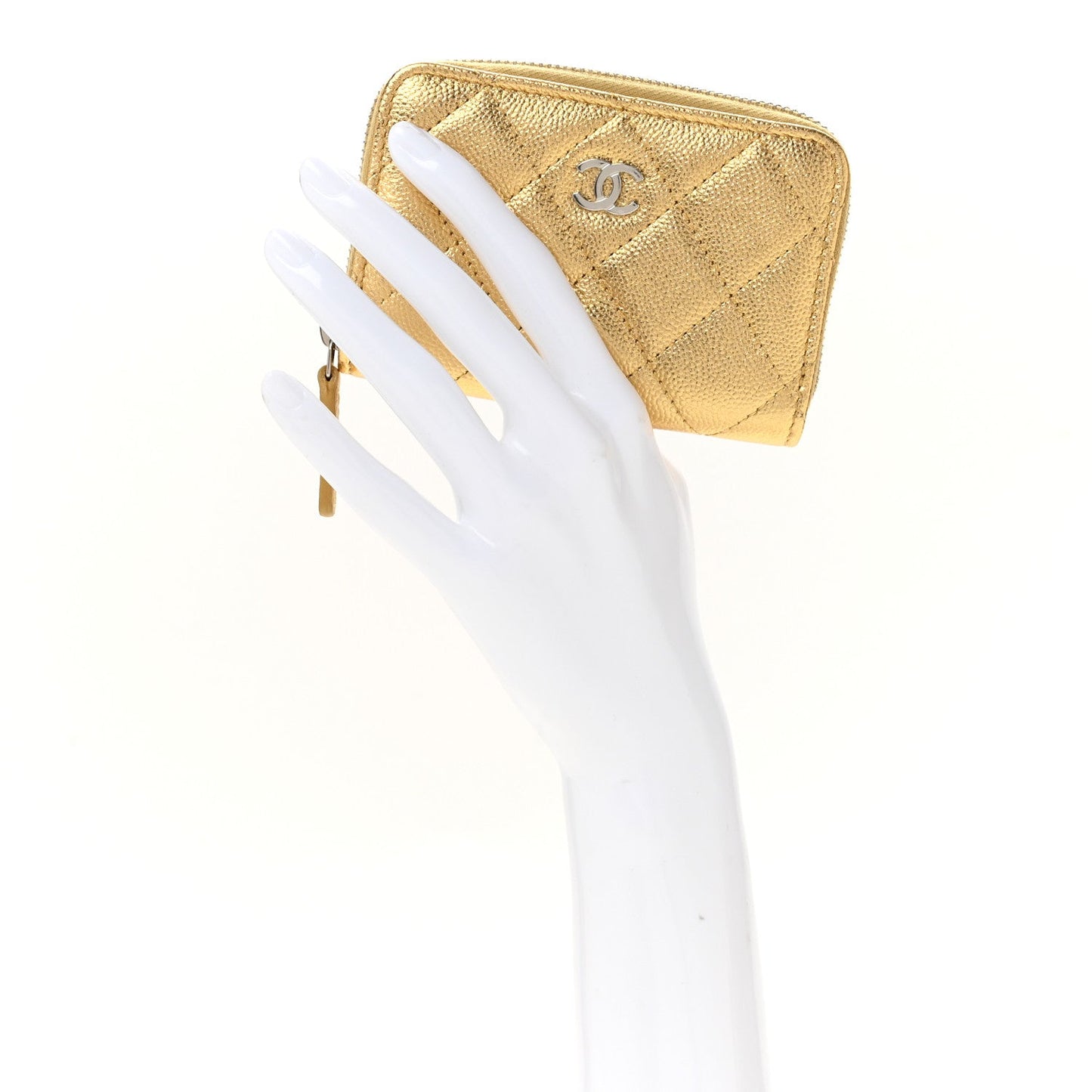 Metallic Caviar Quilted Zip Coin Purse Gold