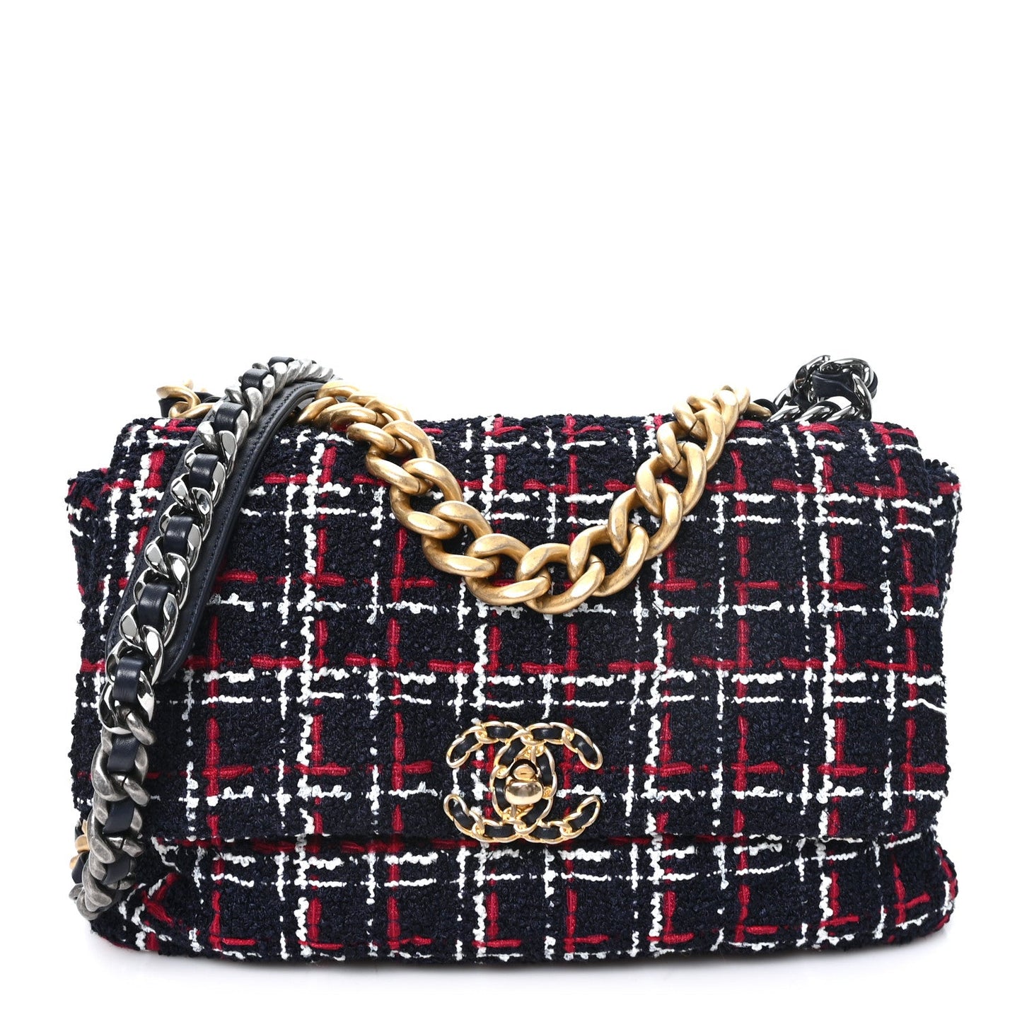 Tweed Quilted Large Chanel 19 Flap Navy Blue White Red
