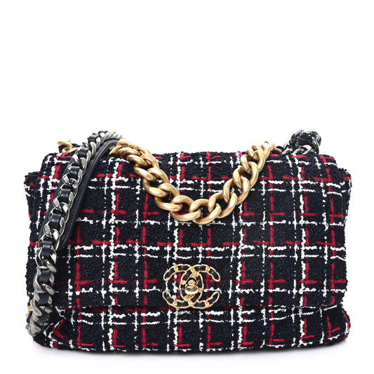Tweed Quilted Large Chanel 19 Flap Navy Blue White Red