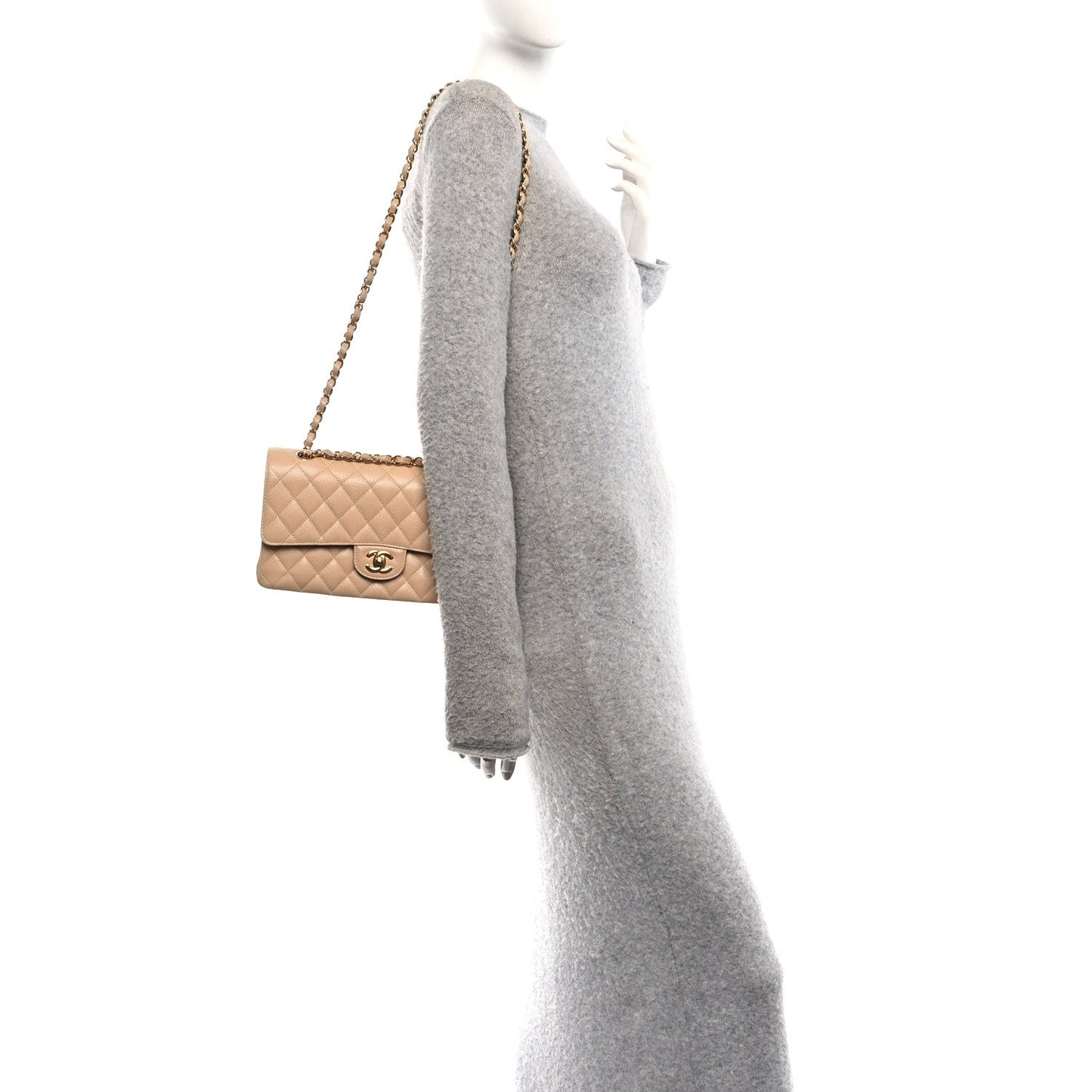Caviar Quilted Medium Double Flap Beige