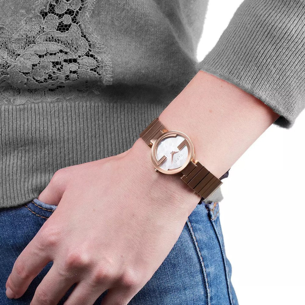 Gucci G Interlocking Mother of Pearl Dial Rose Gold Steel Strap Watch For Women - YA133515