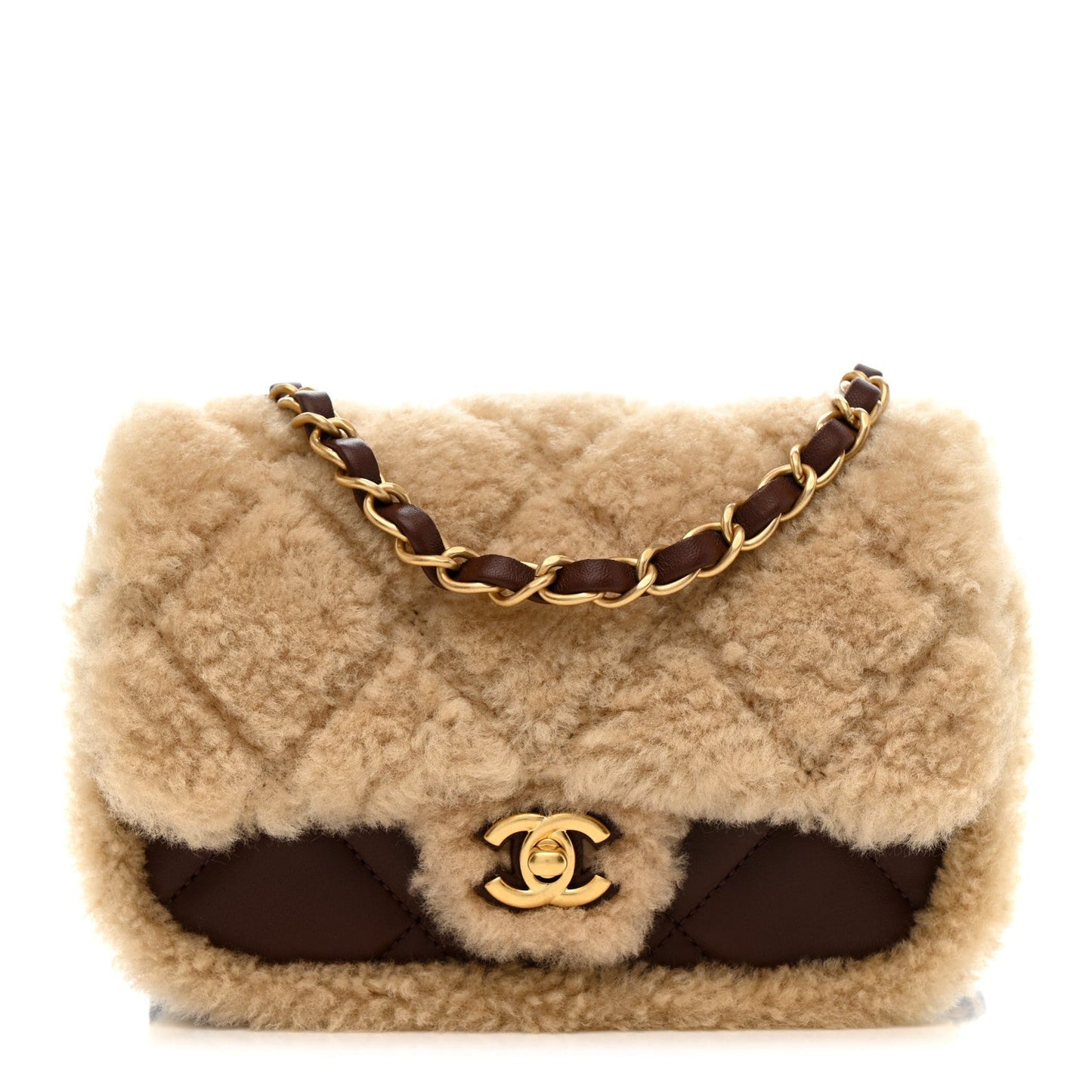 Shearling Lambskin Quilted Mini Furry Coco Flap Beige Dark Brown