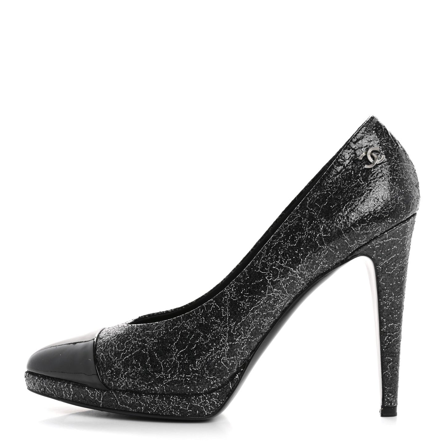 Metallic Crackled Calfskin Patent Cap Toe Pumps 41 Silver Black