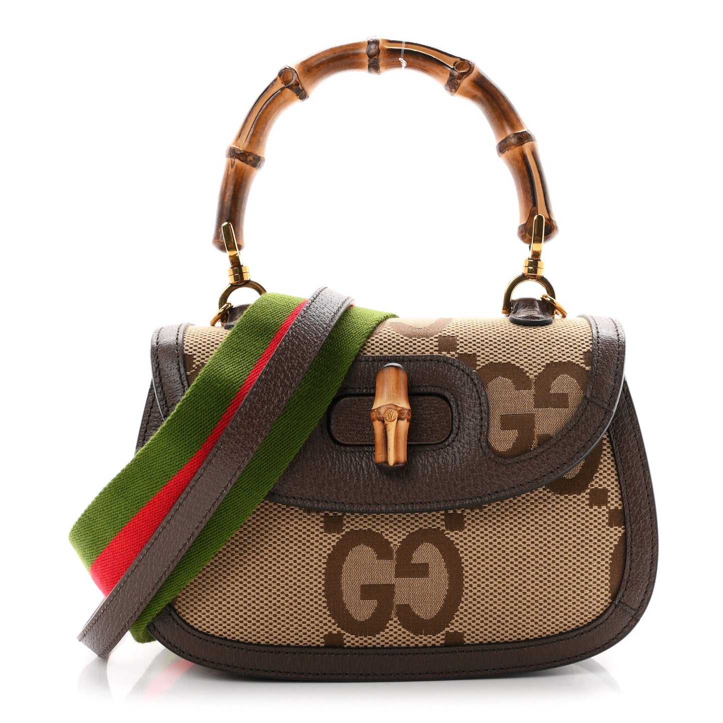 Monogram Jumbo GG Textured Dollar Calfskin Web Small Bamboo 1947 Top Handle Bag Camel Ebony New Acero