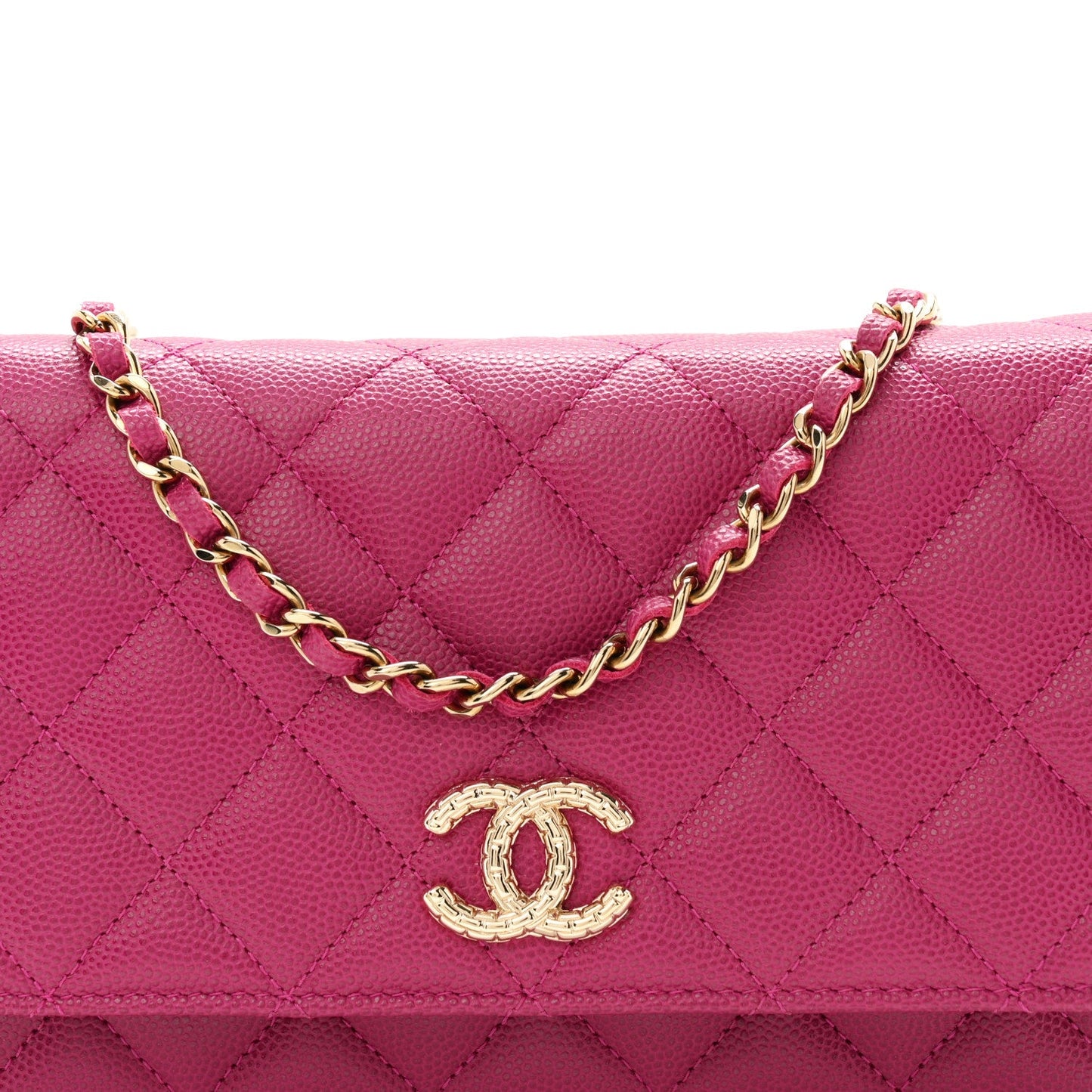 Caviar Quilted Chain Embossed CC Wallet On Chain WOC Fuchsia