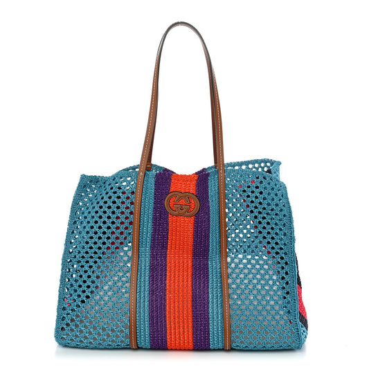 Raffia Web Woven Interlocking G Tote Blue Multicolor