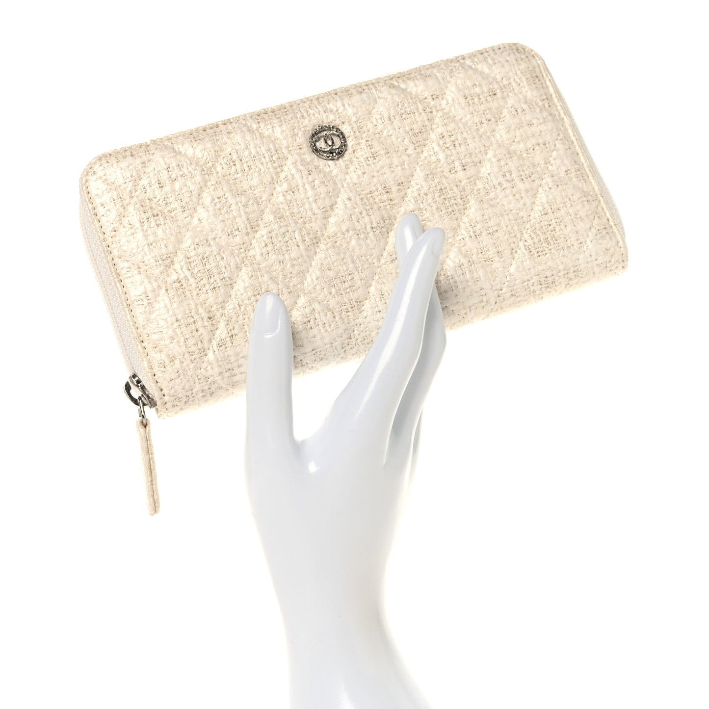 Tweed Coating Quilted Zip Around Wallet  White