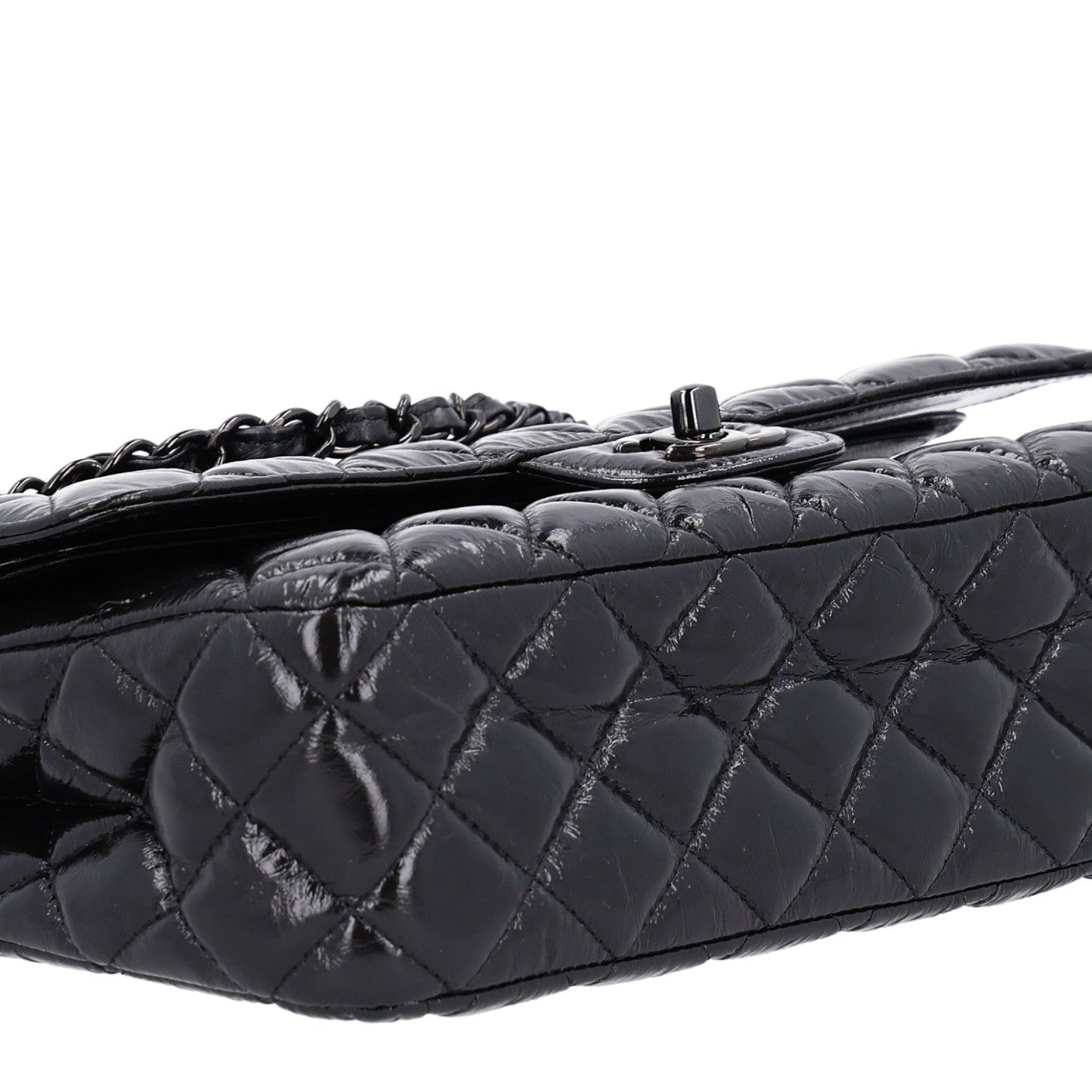 Shiny Crumpled Calfskin Quilted Medium Double Flap So Black