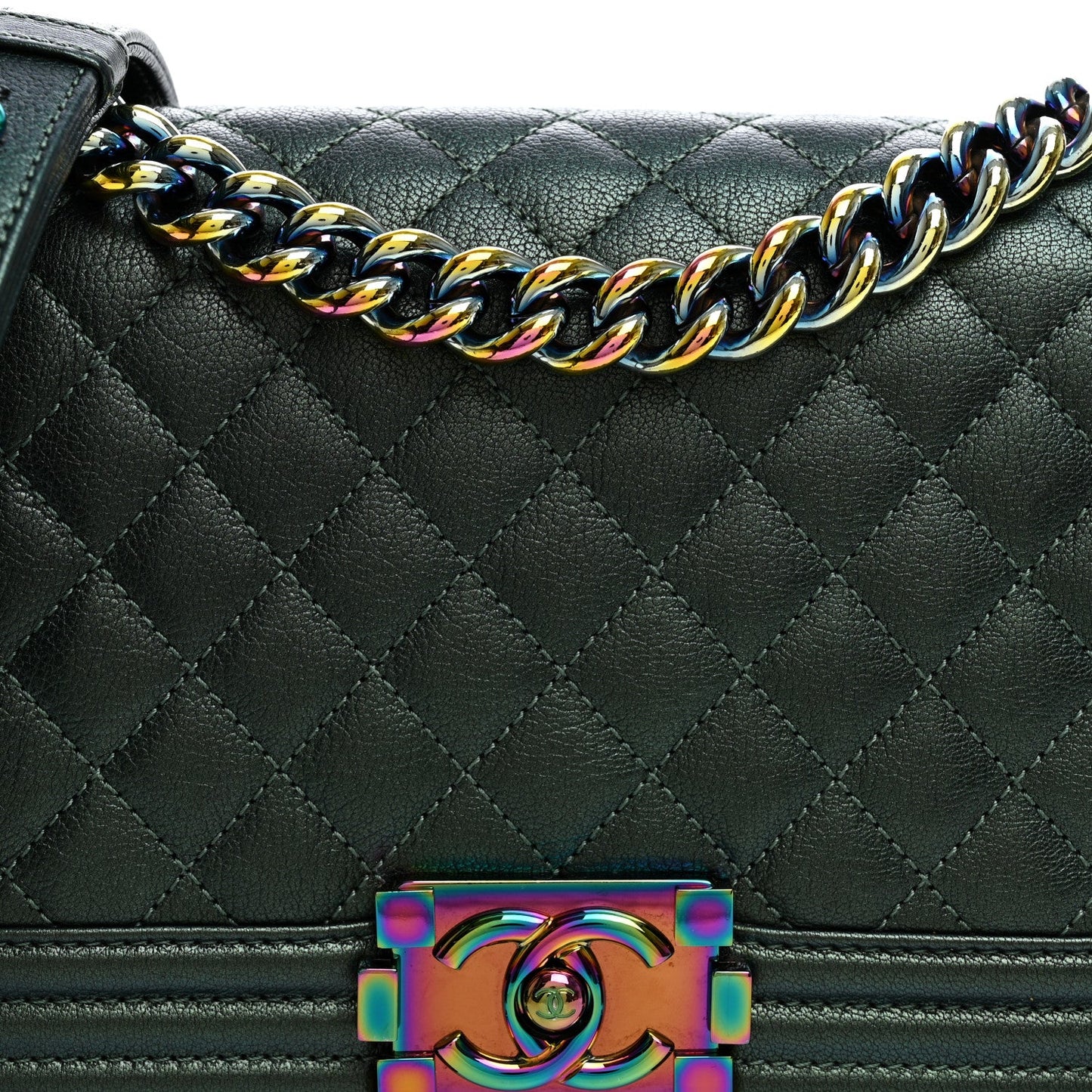 Iridescent Goatskin Quilted Medium Boy Flap Green