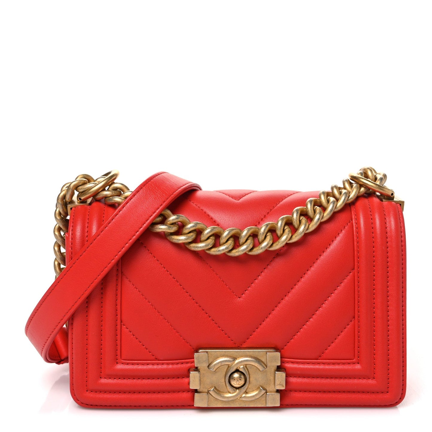 Calfskin Chevron Quilted Small Boy Flap Red