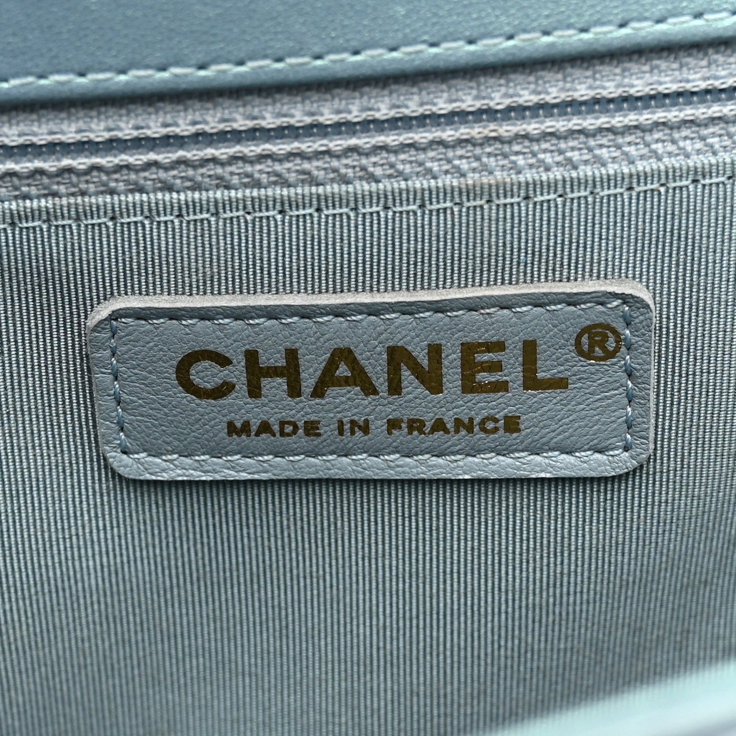 Iridescent Glazed Calfskin Quilted New Medium Boy Flap Light Blue