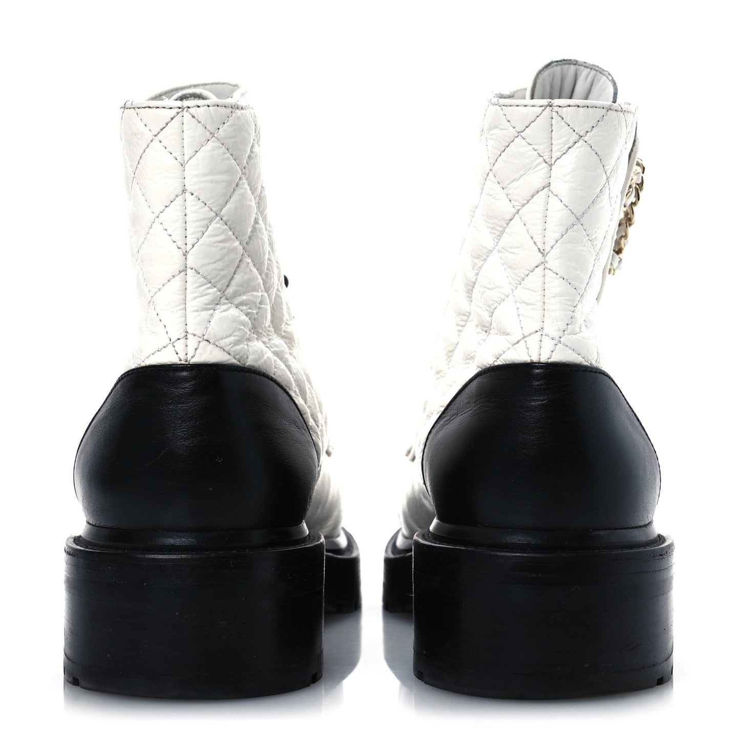 Shiny Goatskin Calfskin Quilted Lace Up Combat Boots 41.5 White Black