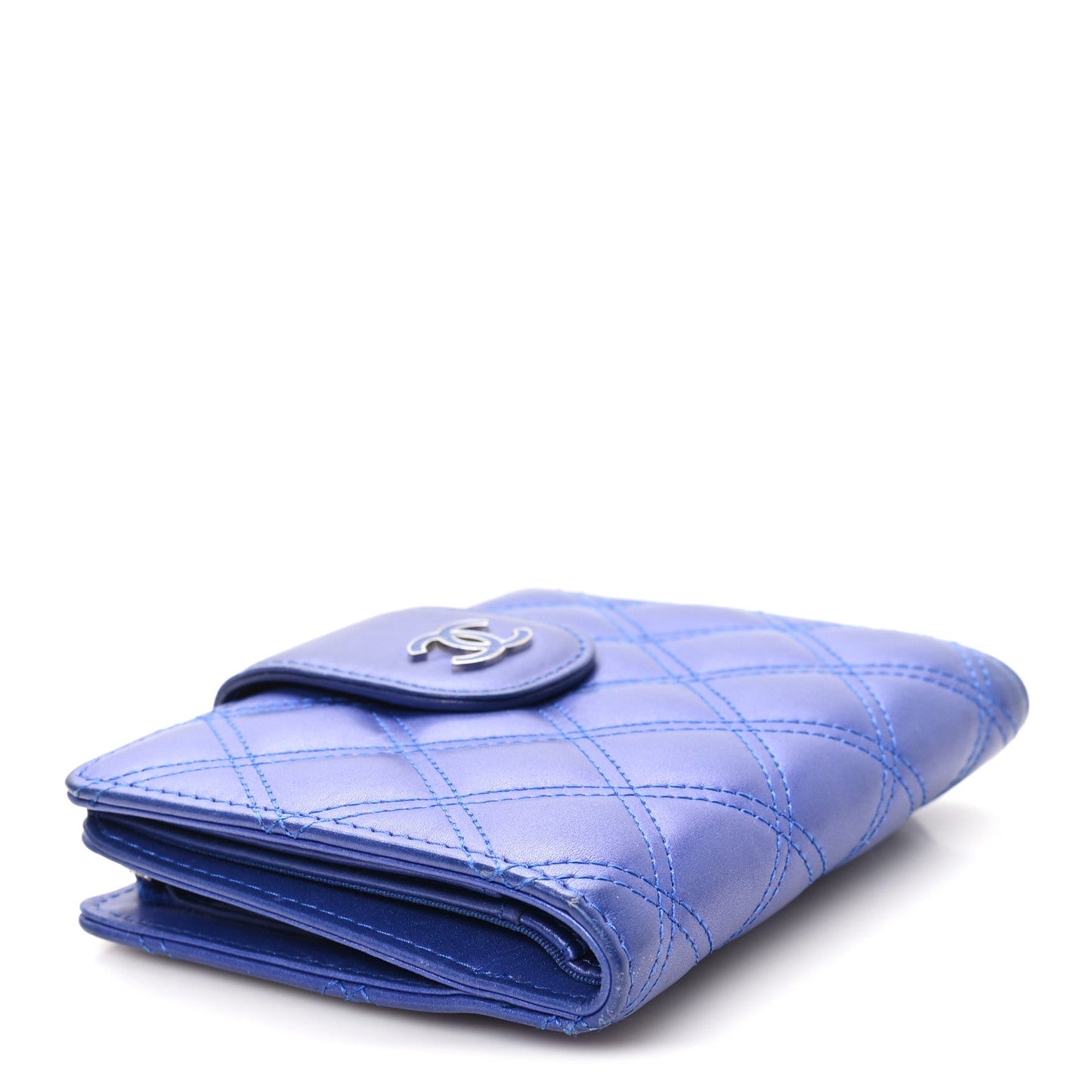 Iridescent Lambskin Quilted Double Stitch Compact Zipped Pocket Wallet Purple