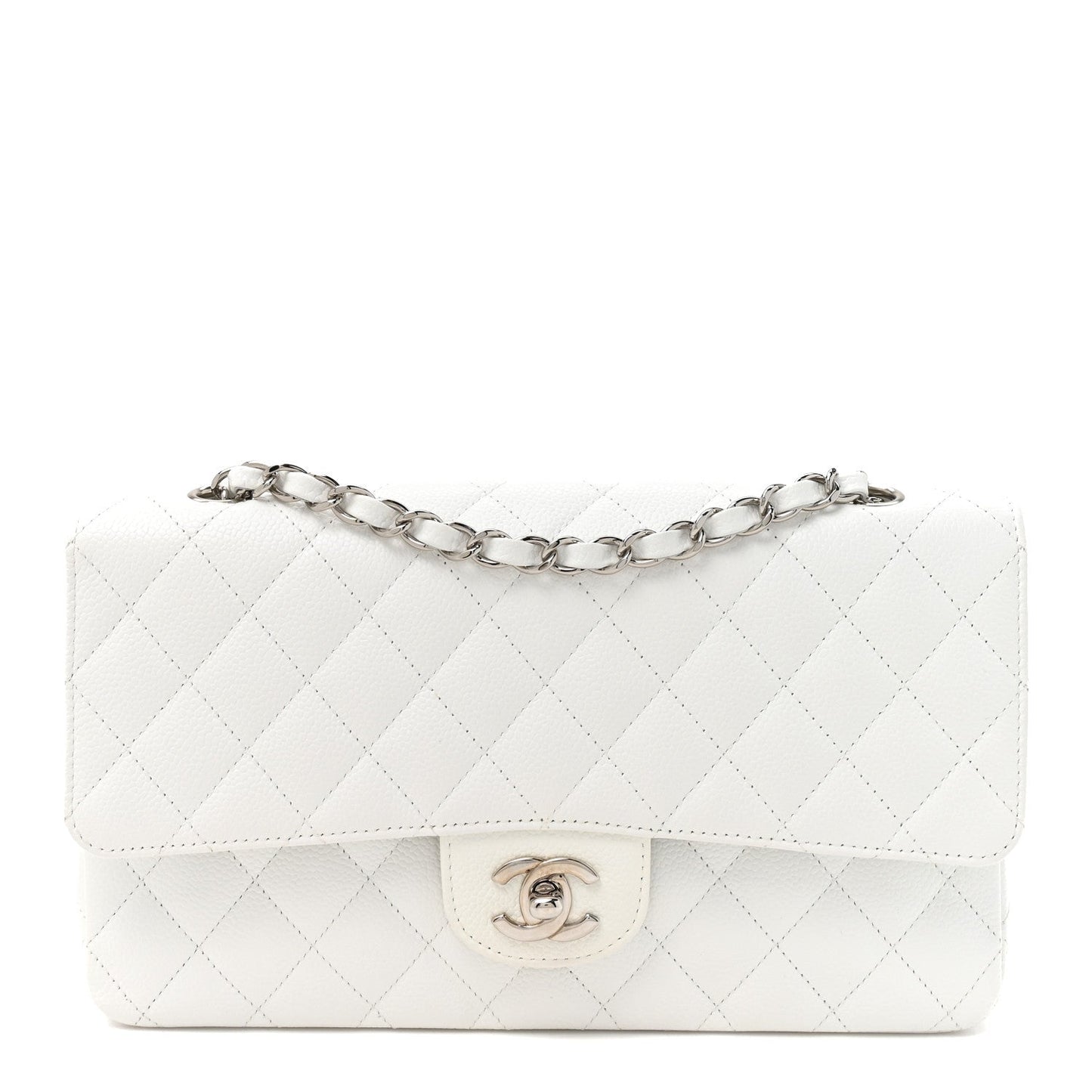 Caviar Quilted Medium Double Flap White