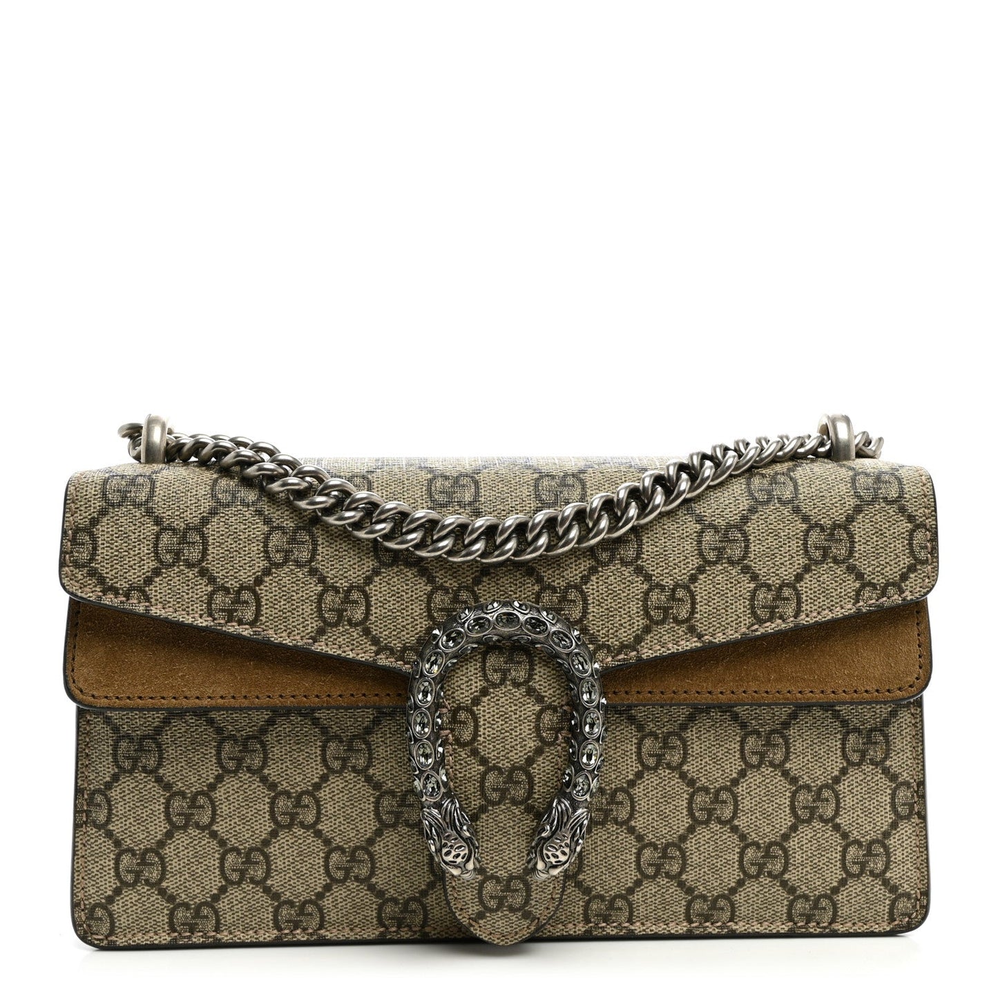 GG Supreme Monogram Suede Crystal Small Dionysus Shoulder Bag Beige Ebony Taupe
