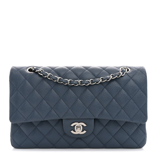 Caviar Quilted Medium Double Flap Blue