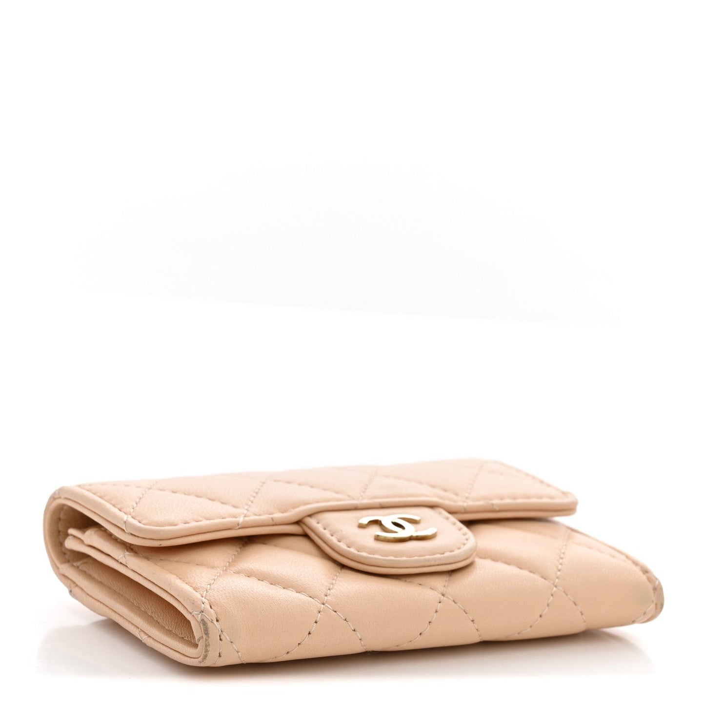 Lambskin Quilted Flap Card Holder Wallet Beige