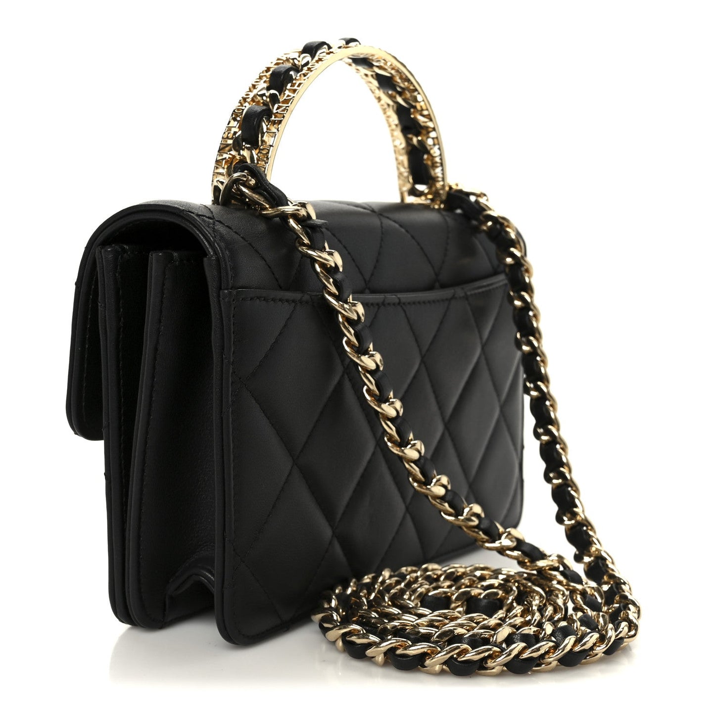 Shiny Calfskin Quilted Mini Metal Top Handle Flap Black