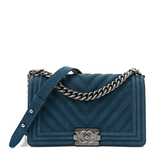 Nubuck Chevron Quilted Medium Boy Flap Blue