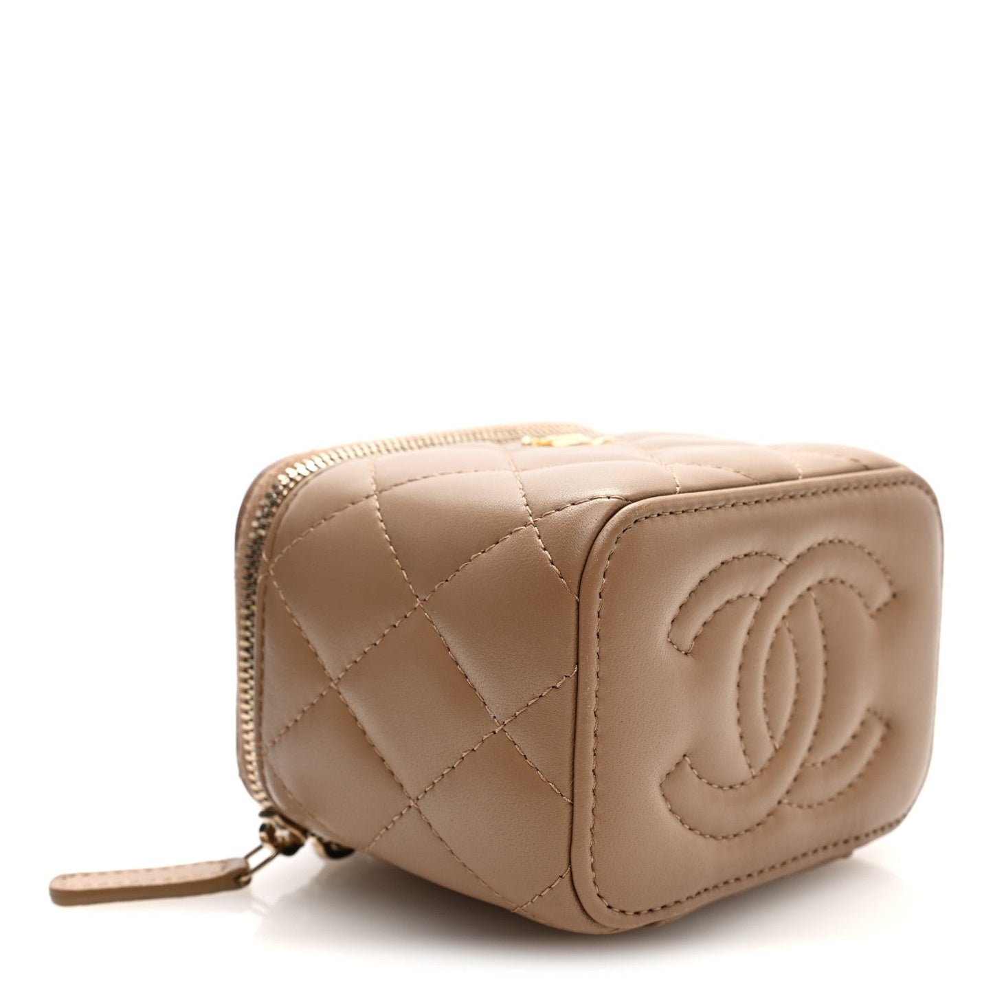 Lambskin Quilted Pearl Crush Mini Vanity Case With Chain Beige