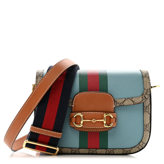 X DANS LE VERT Textured Dollar Calfskin GG Supreme Monogram Web Mini Horsebit 1955 Shoulder Bag Dusty Azure Beige Ebony