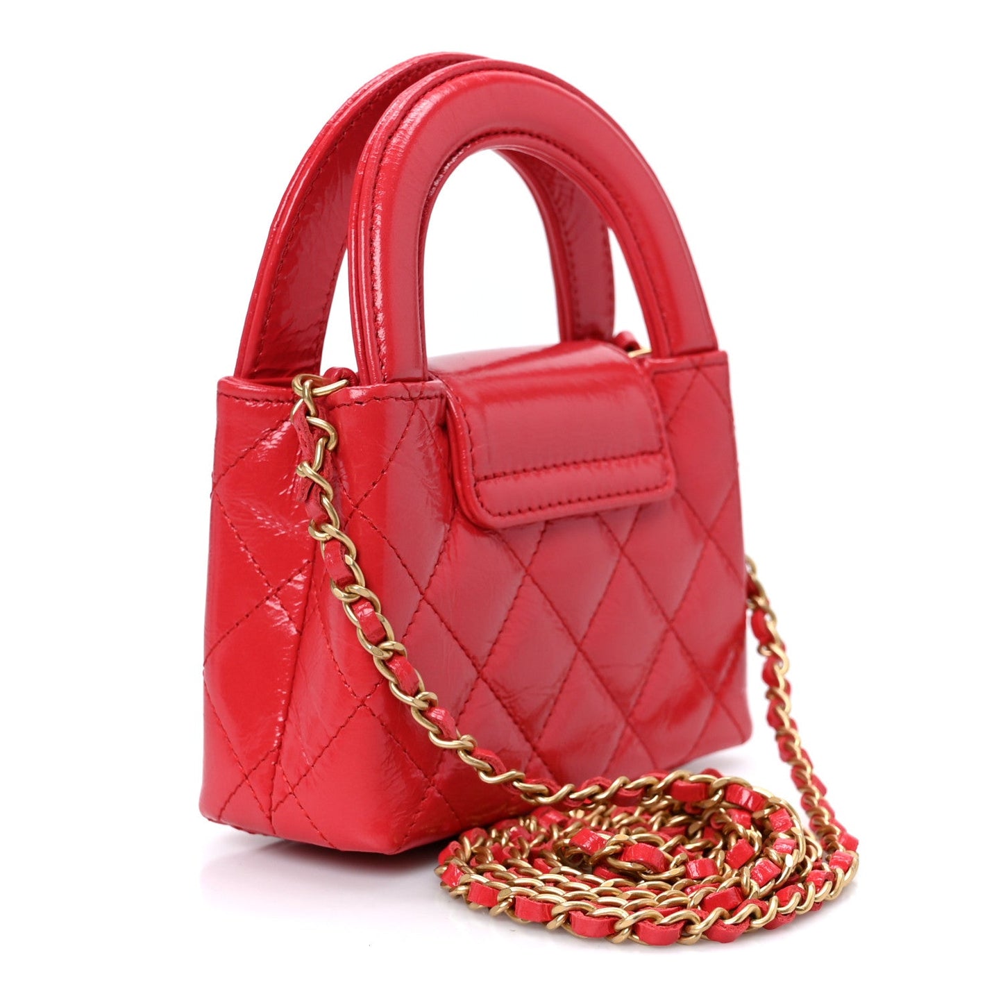 Shiny Aged Calfskin Quilted Mini Nano Kelly Shopper Red