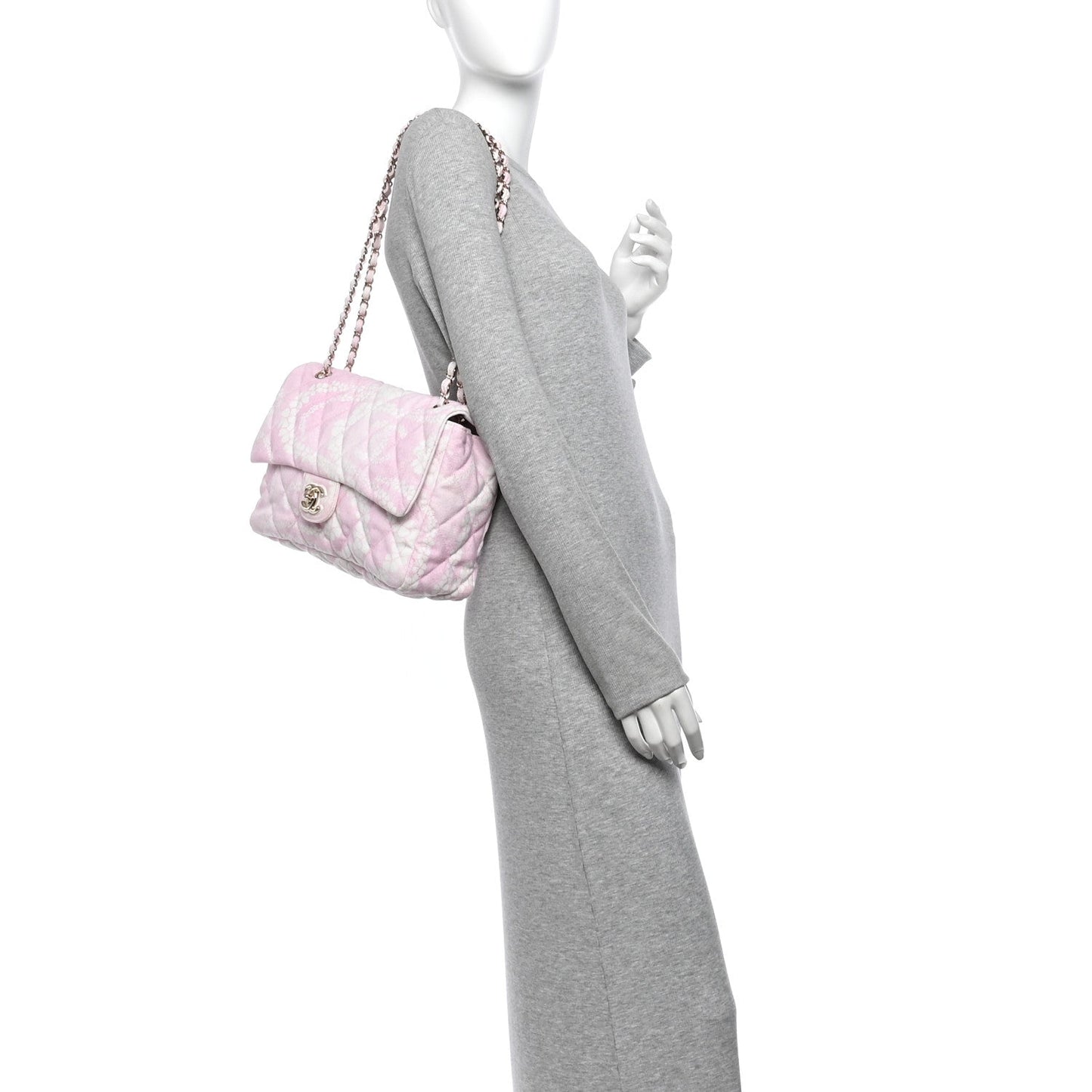 Printed Denim Quilted Maxi Single Flap Bag Pink White