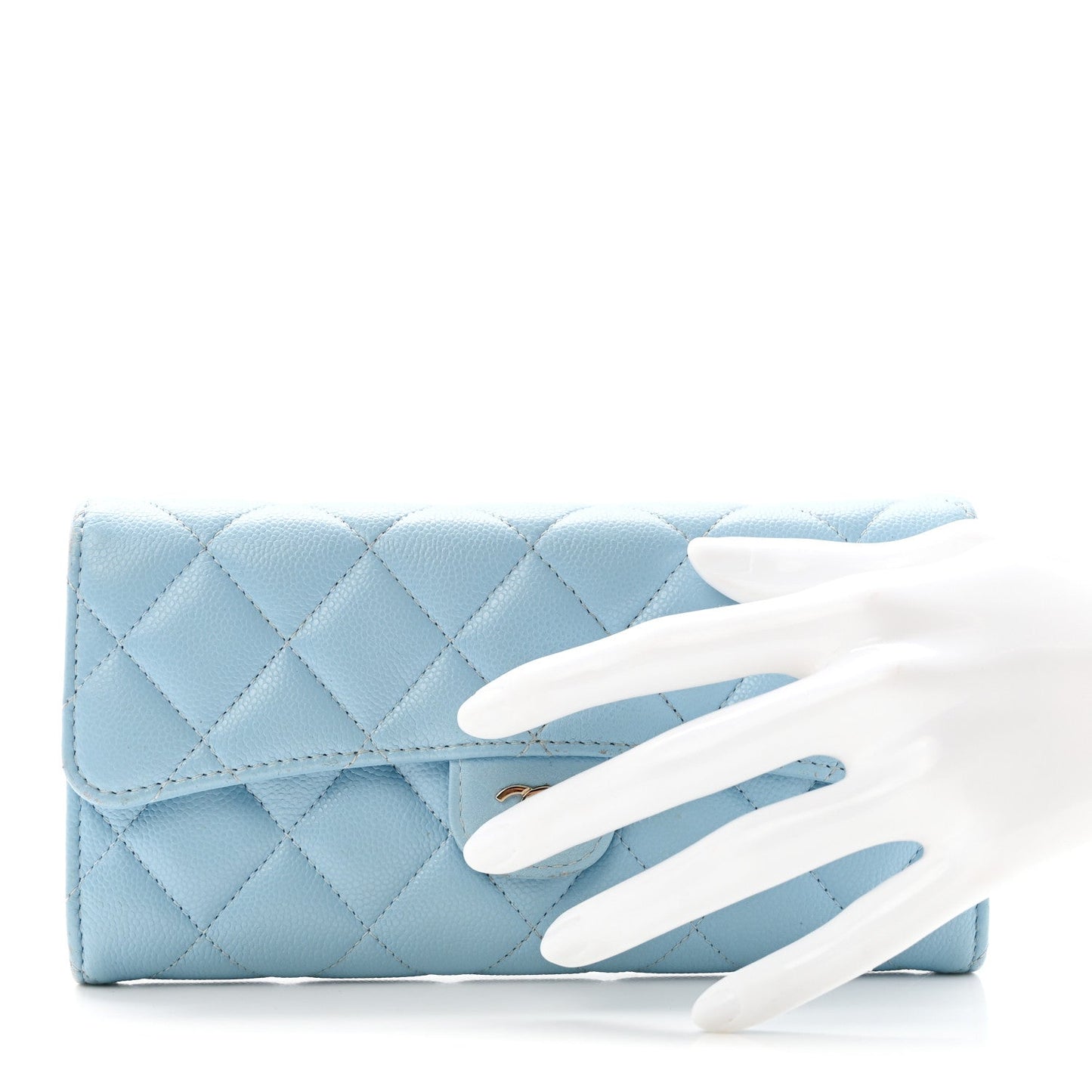 Caviar Quilted Large Gusset Flap Wallet Light Blue