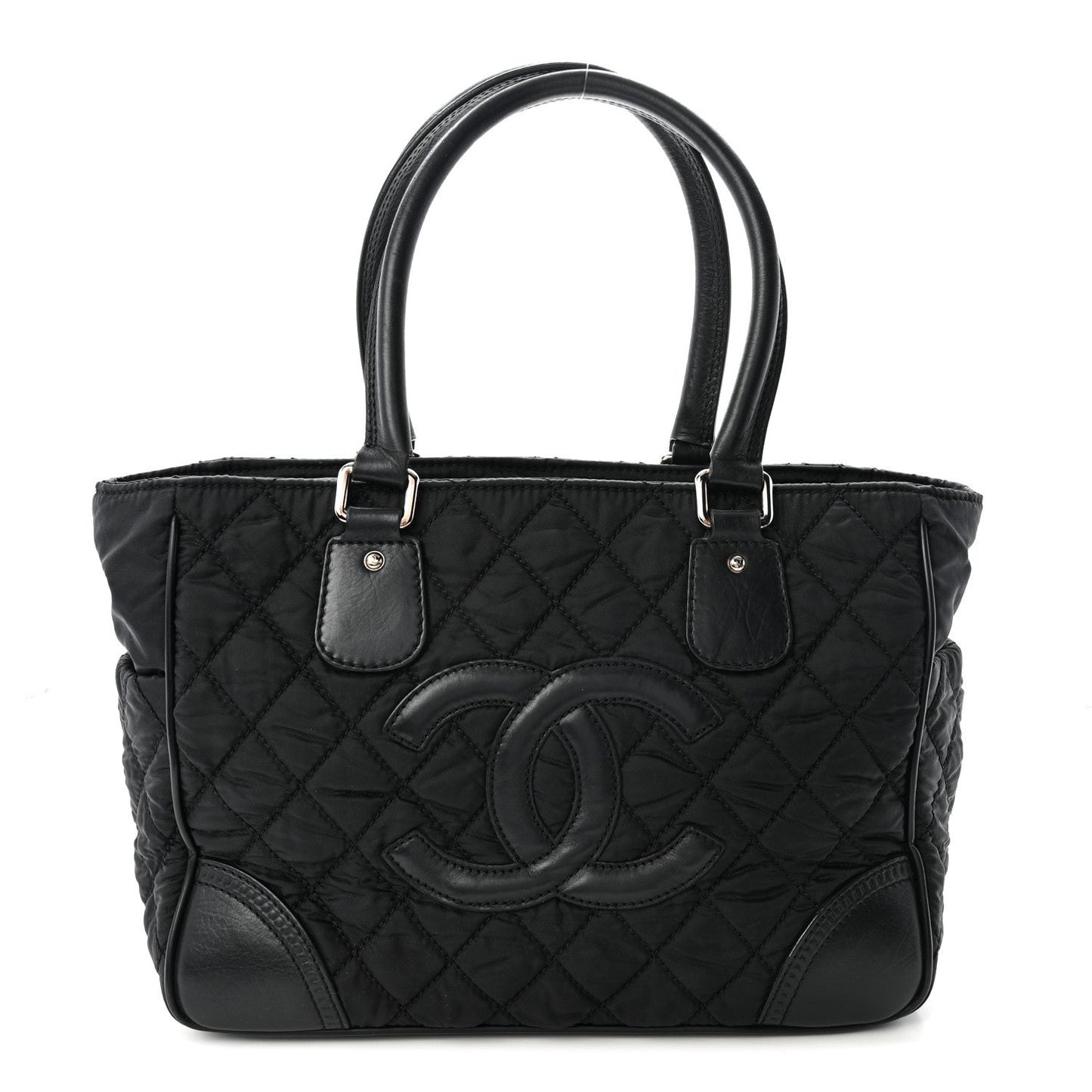 Nylon Calfskin Quilted CC Paris New York Tote Bag Black