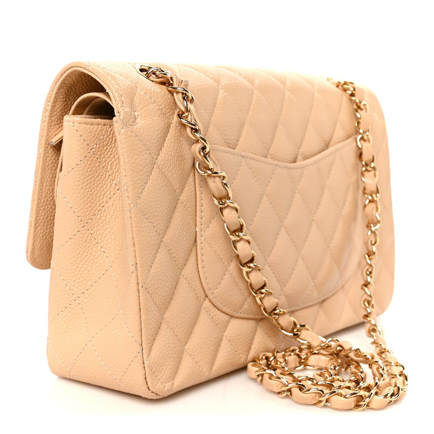 Caviar Quilted Medium Double Flap Beige