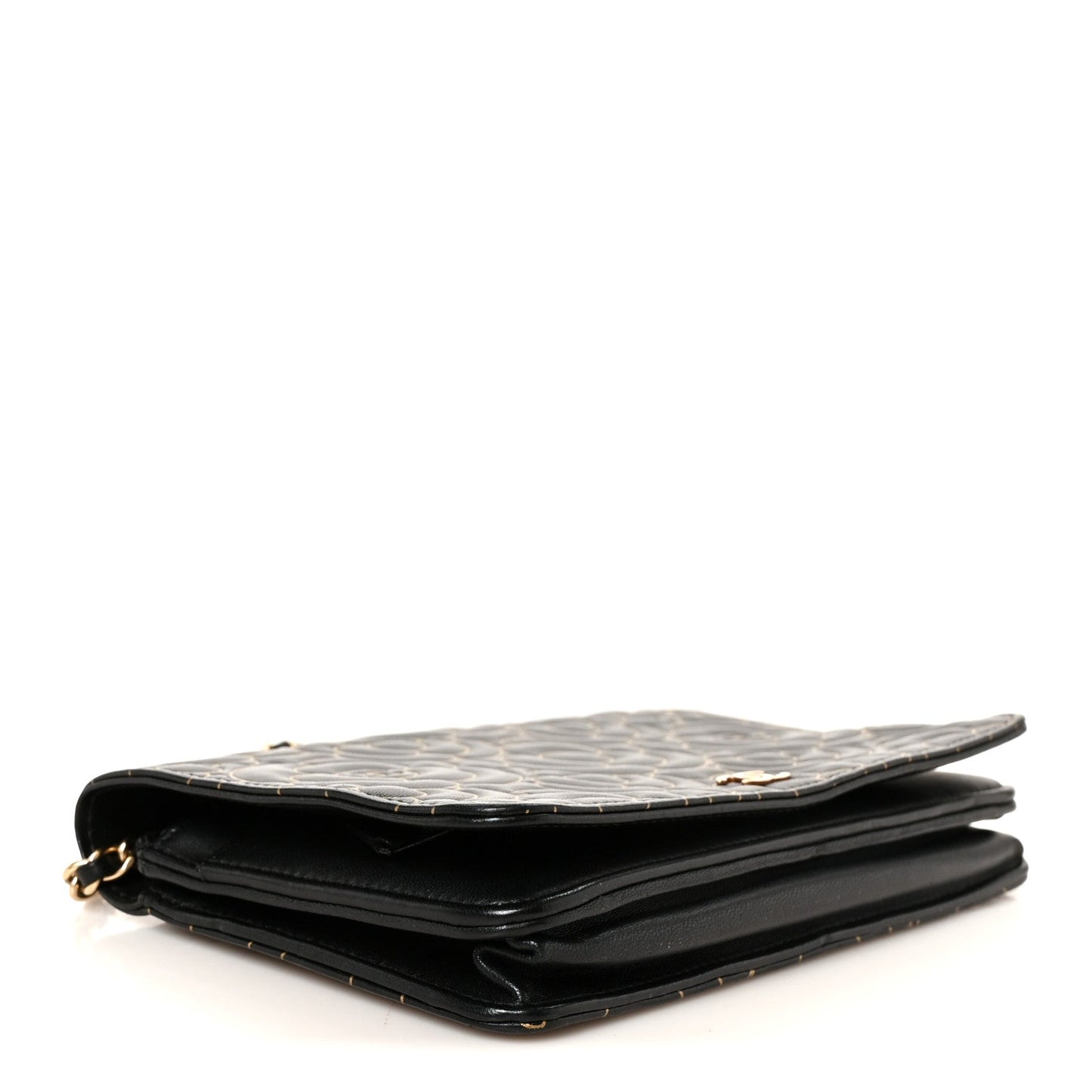 Lambskin Camellia Embossed Wallet On Chain WOC Black Gold