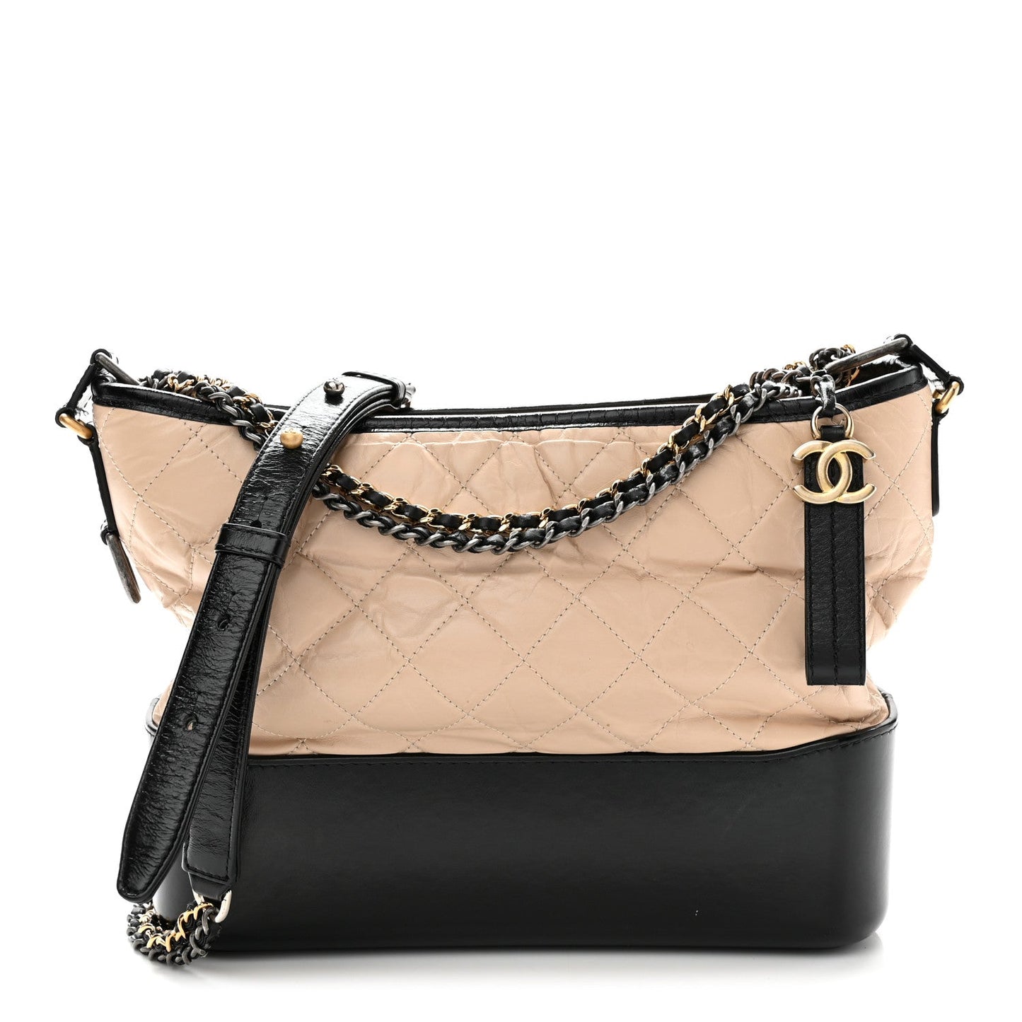 Aged Calfskin Quilted Medium Gabrielle Hobo Beige Black